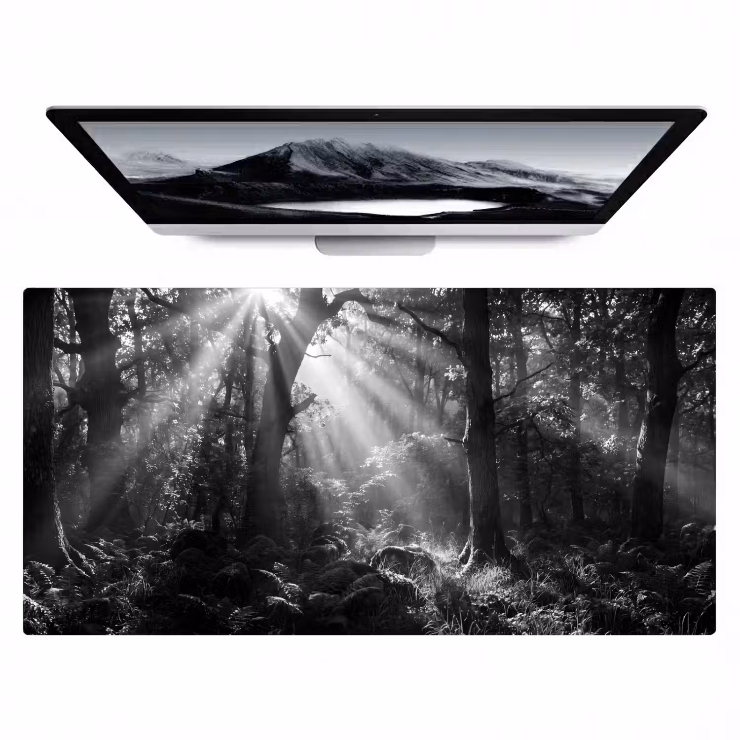 Bos - Lichtstralen - Natuur - Zwart-wit Muismat XXL klein -zzz3d