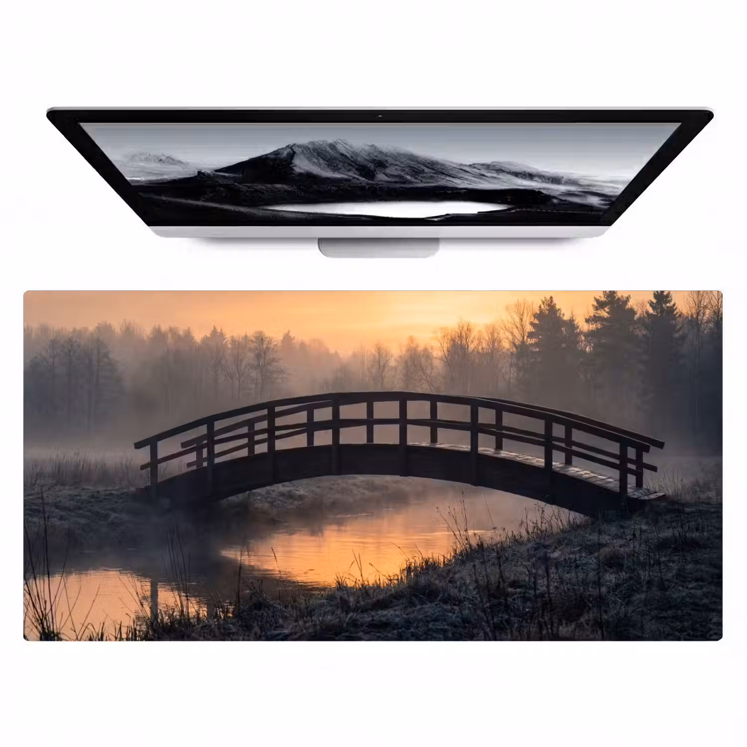 Brug - Mist - Bomen - Water Muismat XXL klein -zzz3d