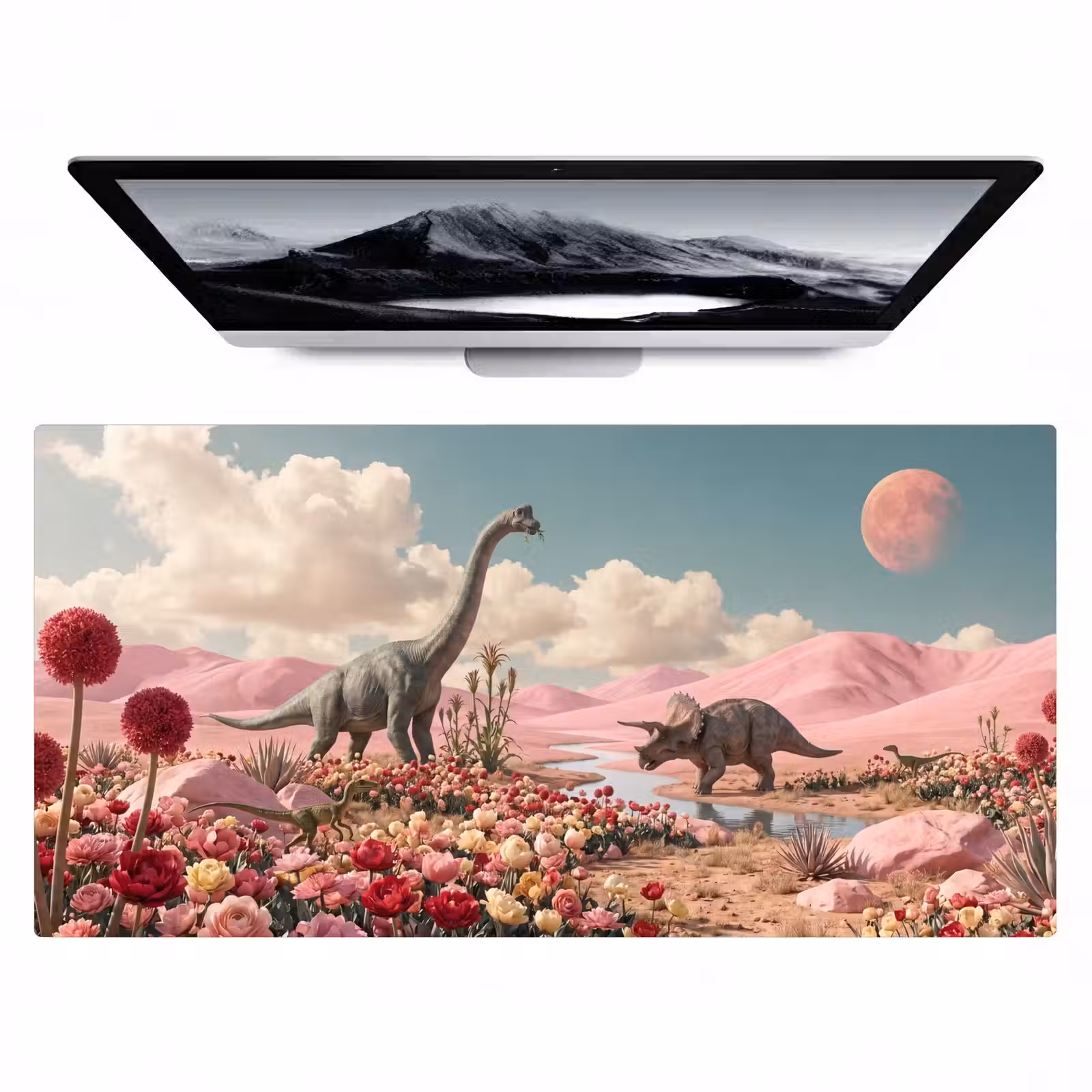 Bureau onderlegger - Dinosaurus - Roze - Landschap - Dinosaurus - Roze - Landschap Muismat XXL klein
