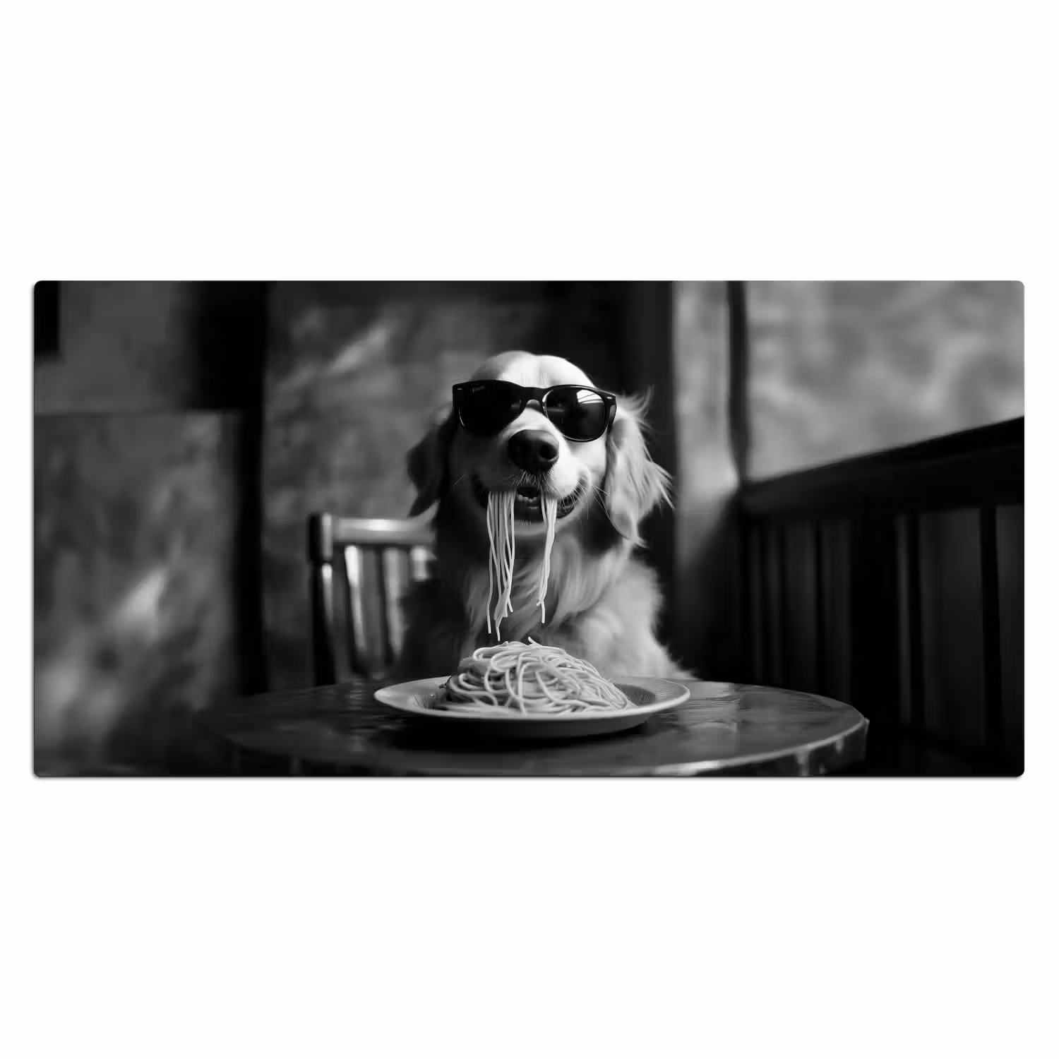 Golden Retriever - Hond - Vrolijk - Bord spaghetti - Zwart - wit Muismat XXL klein -3d_leeg