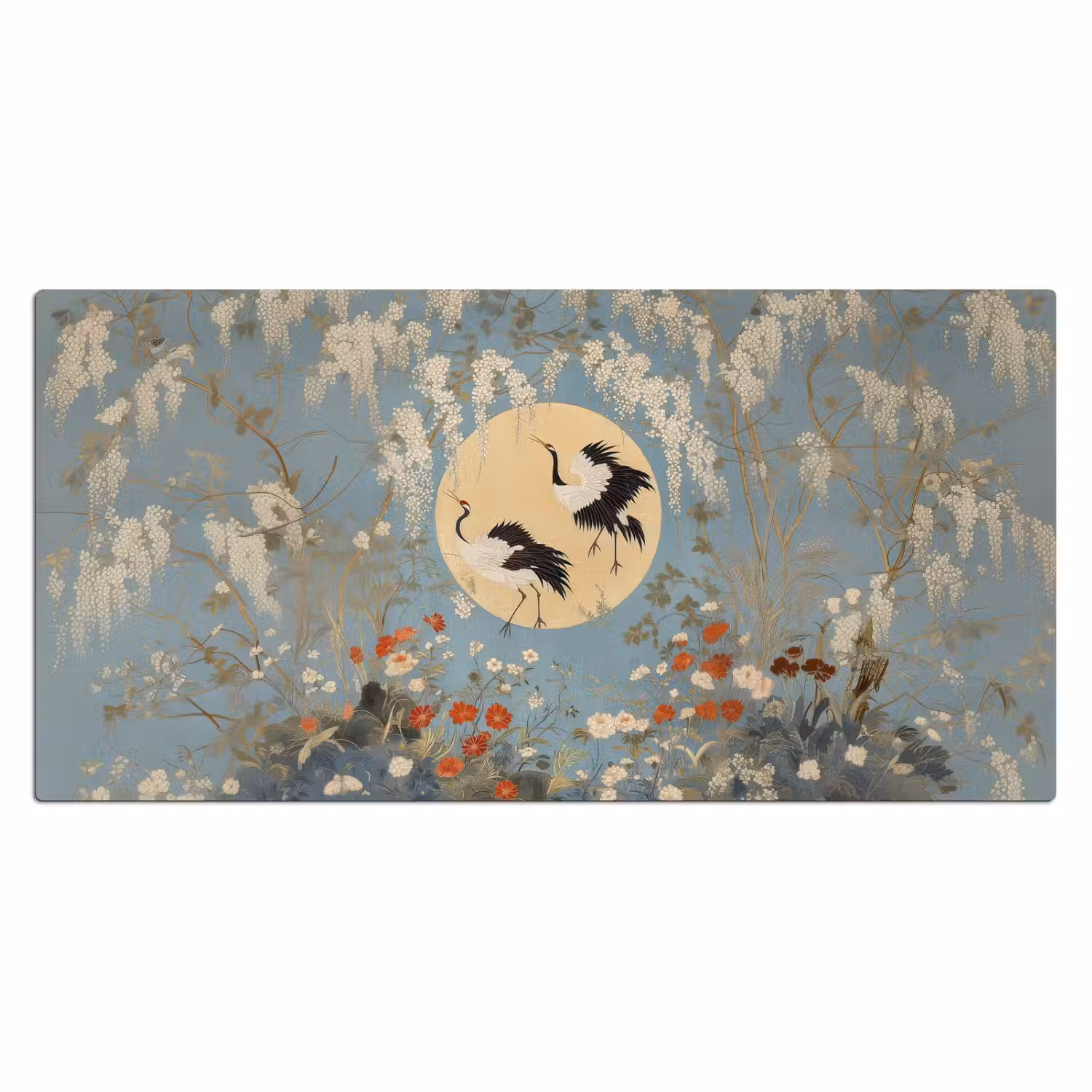 Kraanvogels - Maan - Bloemen - Blauw Muismat XXL klein -3d_leeg