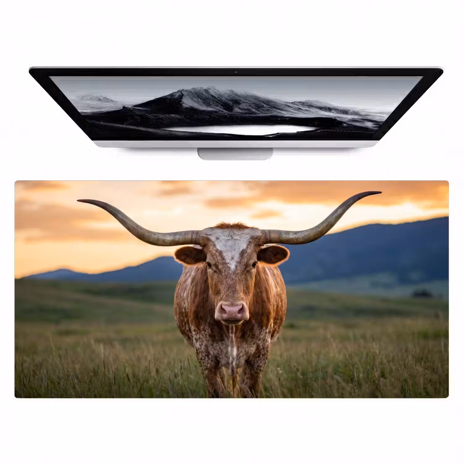 Longhorn - Landschap - Zonsondergang Muismat XXL klein -zzz3d