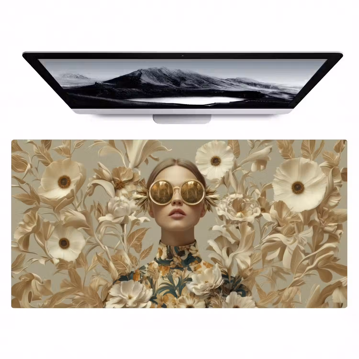 Vrouw - Bloemen - Zonnebril - Wit Muismat XXL klein -zzz3d