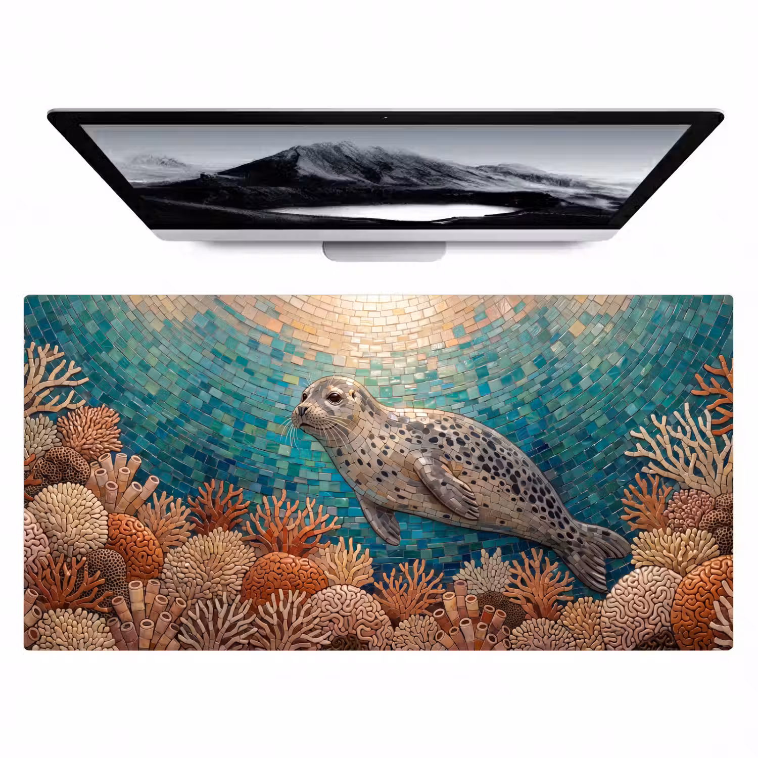 Zeehond - Mozaïek - Onderwater - Dieren - Blauw Muismat XXL klein -zzz3d