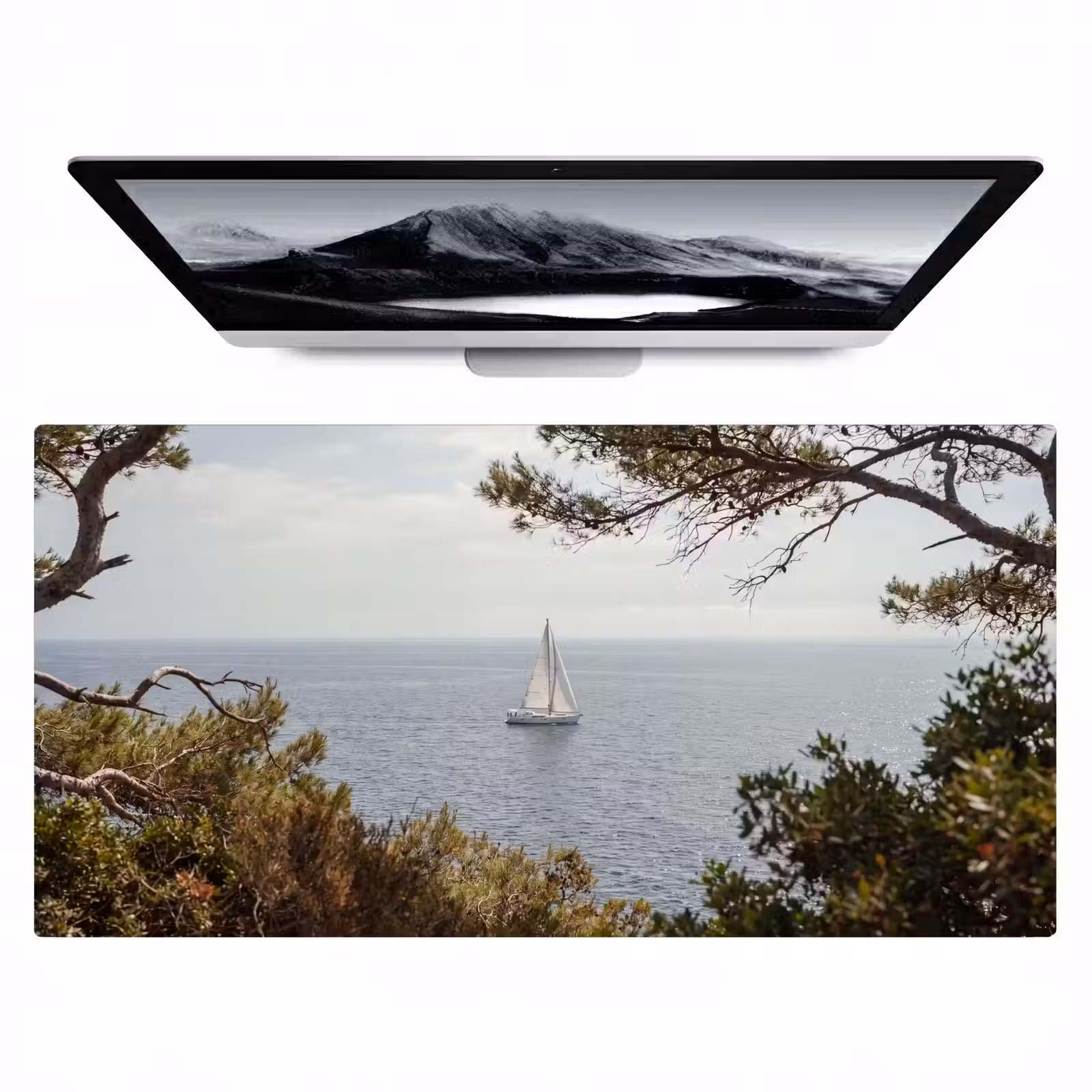 Bureau onderlegger - Zeilboot - bomen - water - Zeilboot - bomen - water Muismat XXL klein