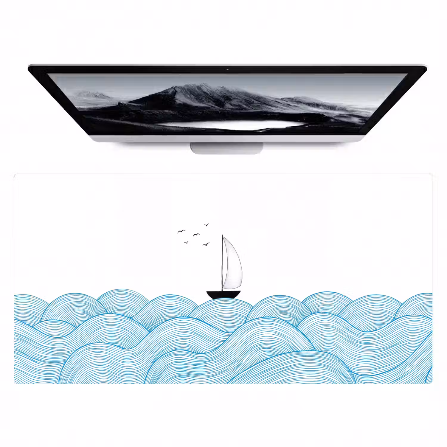 Zeilboot - Golven - Zee - Illustratie - Blauw Muismat XXL klein -zzz3d