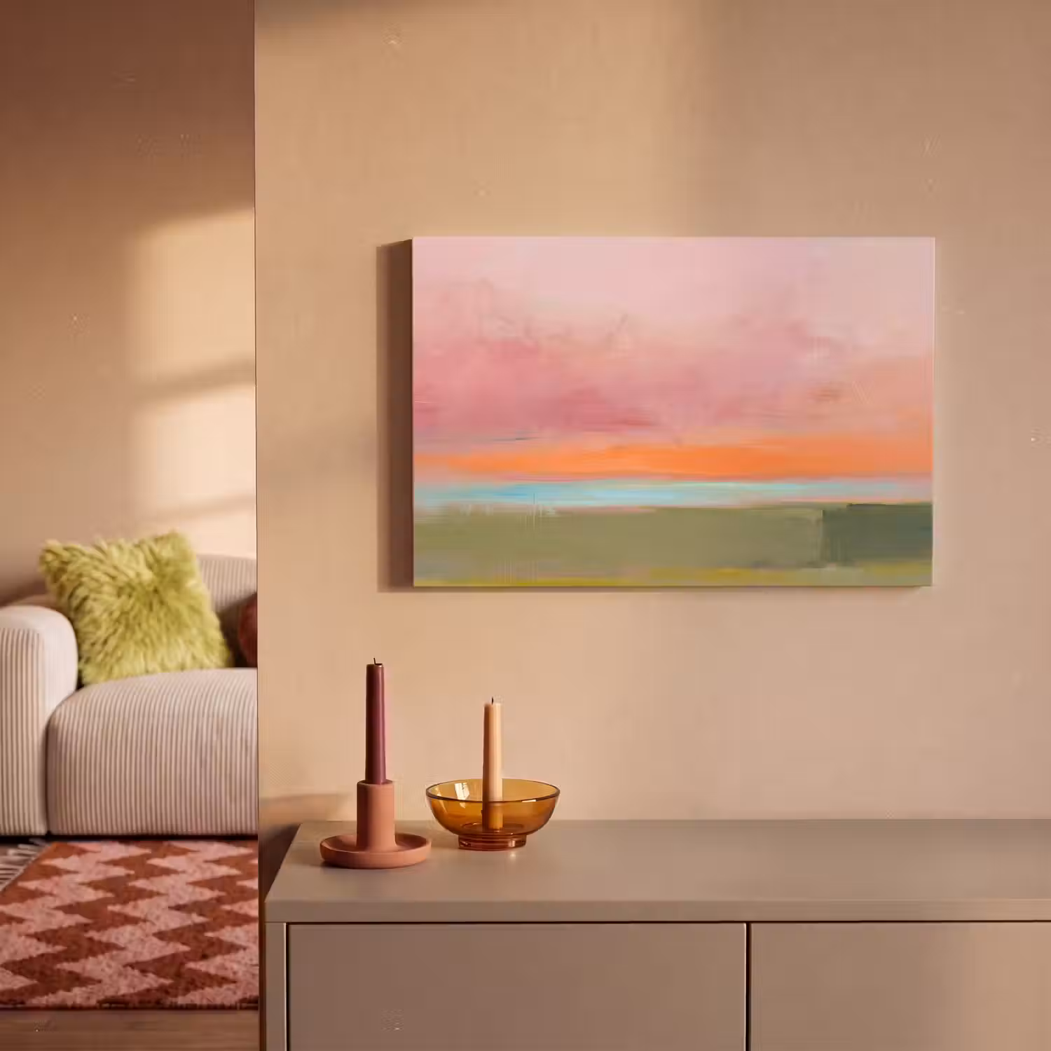 Abstract - Landschap - Modern - Roze - Oranje canvas 2cm klein -sfeer1