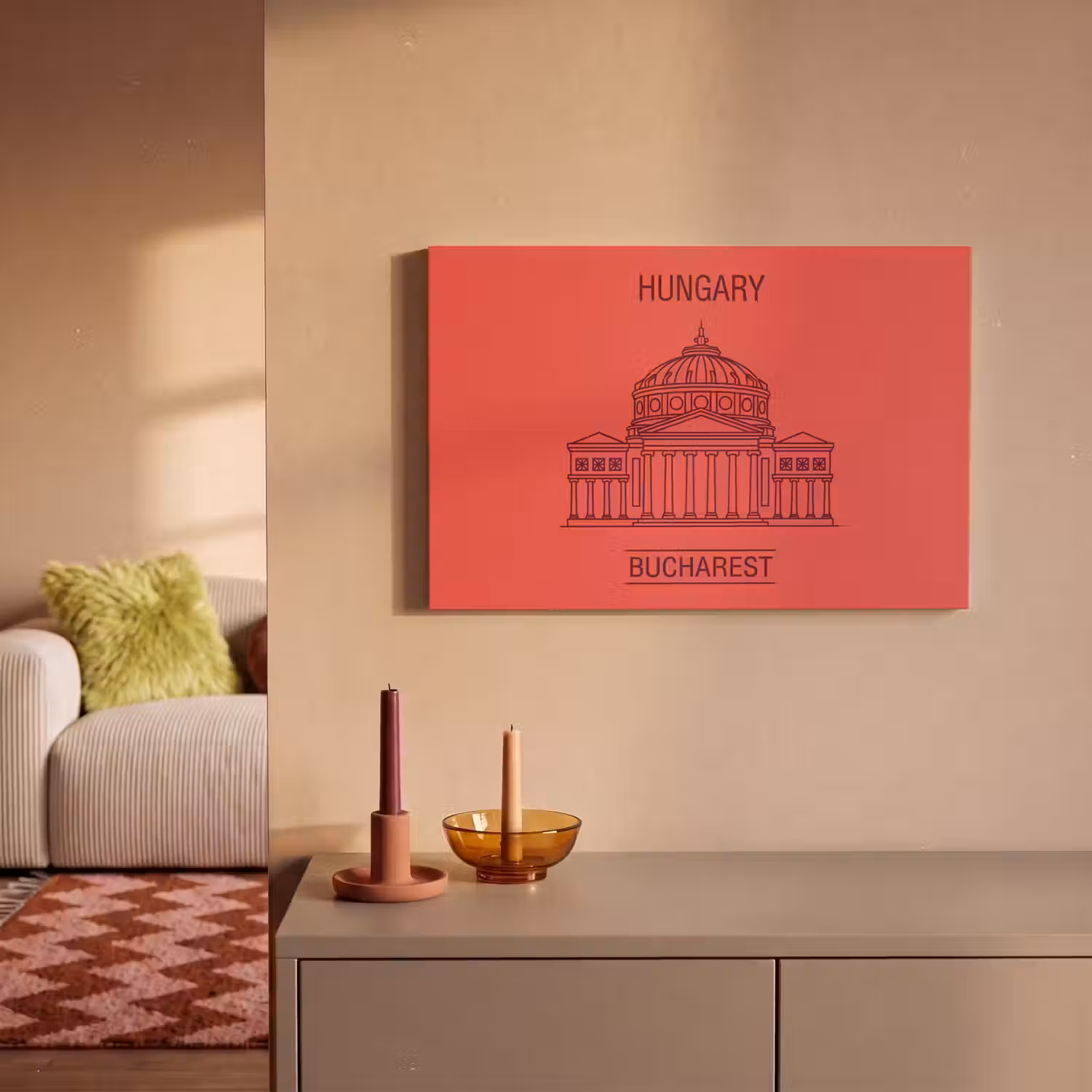 Architectuur - Boekarest - Stedelijk - Lijntekening - Rood canvas 2cm klein -sfeer1