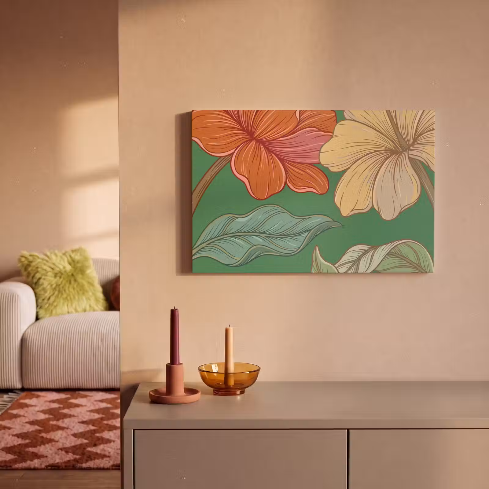Canvas schilderij - Bloemen - Groen - Illustratie - Bloemen - Groen - Illustratie canvas 2cm klein