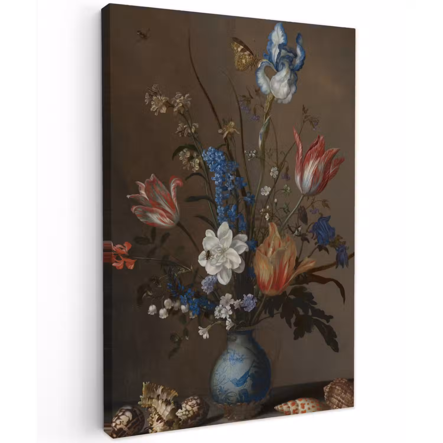 Bloemen in een Wan-Li vaas en schelpen - Schilderij van Balthasar van der Ast canvas 2cm klein -z3d