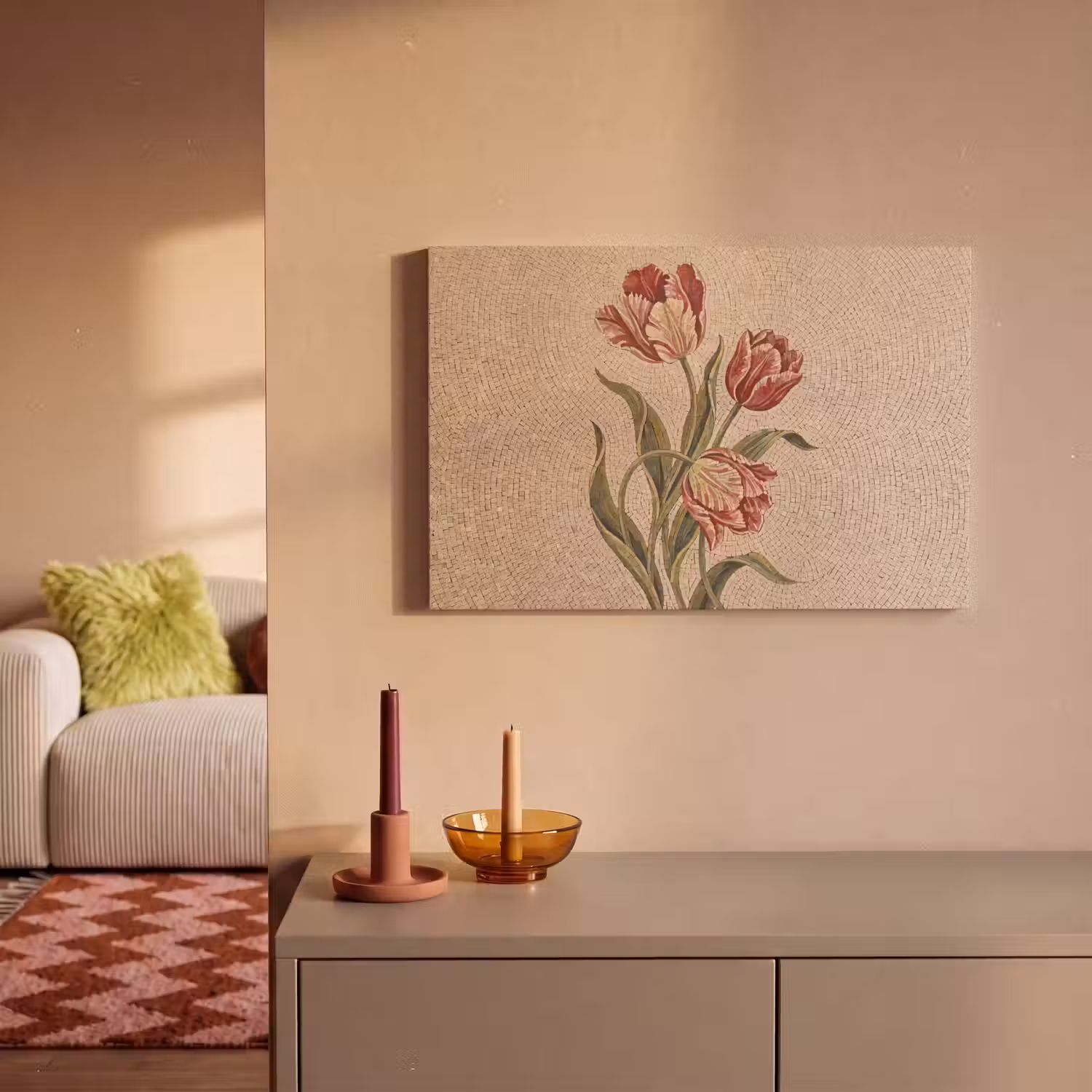 Bloemen - Mozaïek - Rood - Groen - Kunst canvas 2cm klein -sfeer1