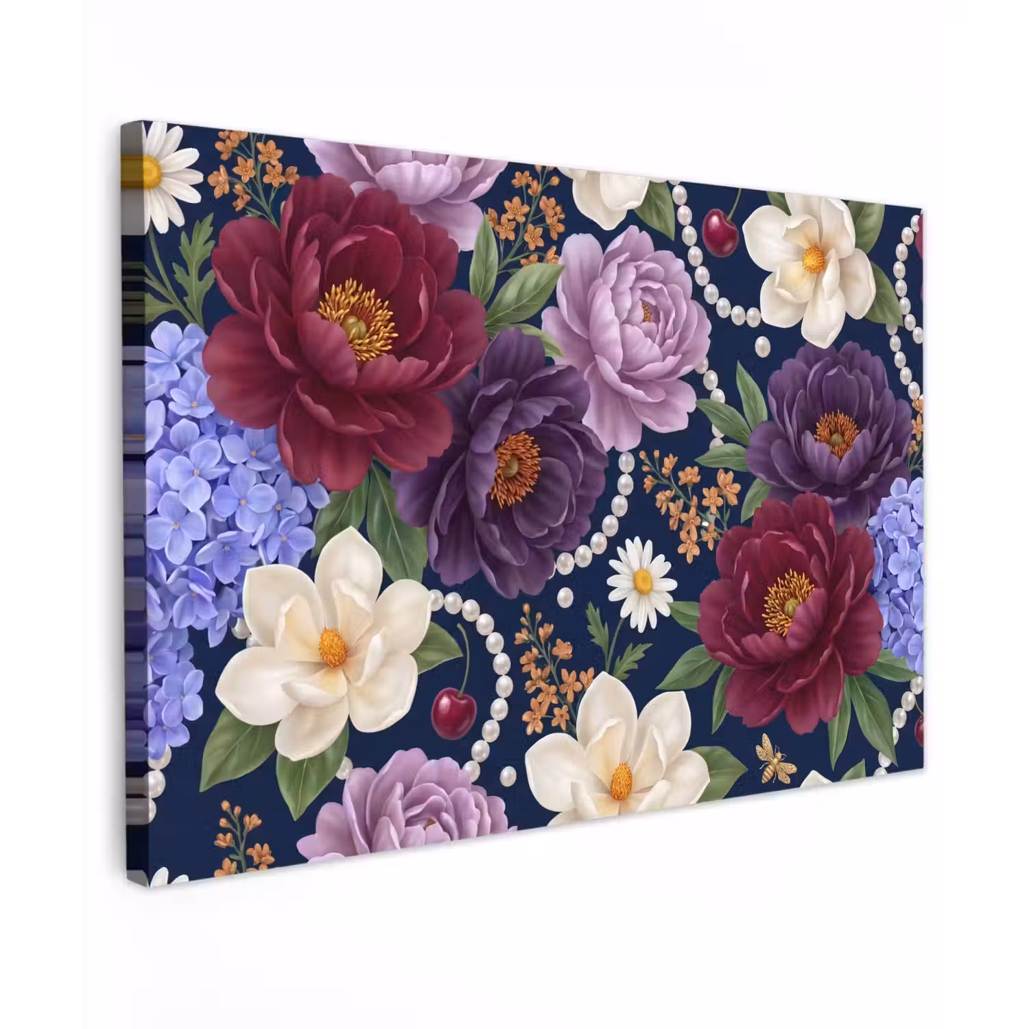 Bloemen - Parels - Decoratie - Modern - Blauw canvas 2cm klein -z3d