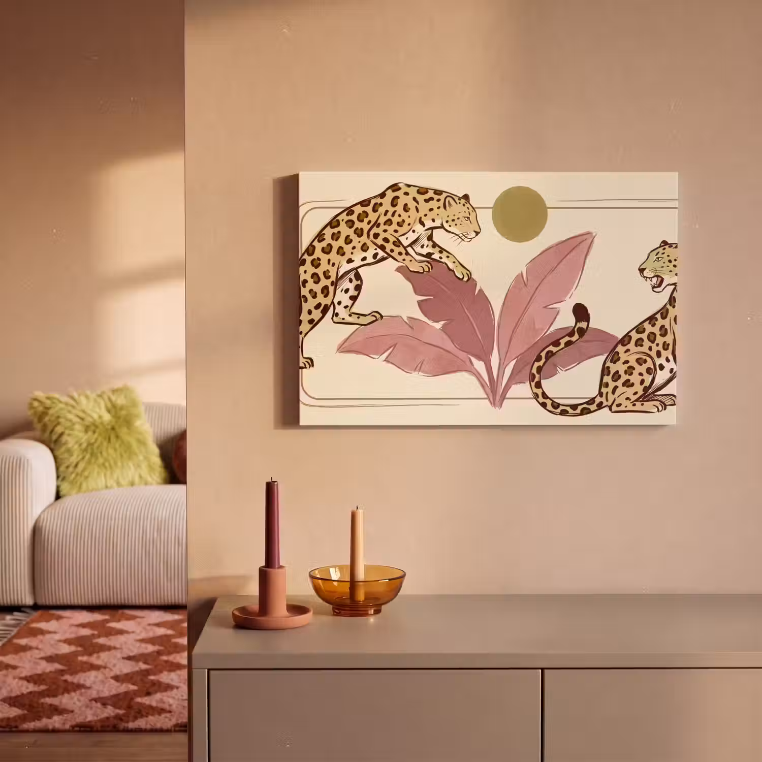 Dieren - Kat - Jungle - Illustratie - Beige canvas 2cm klein -sfeer1