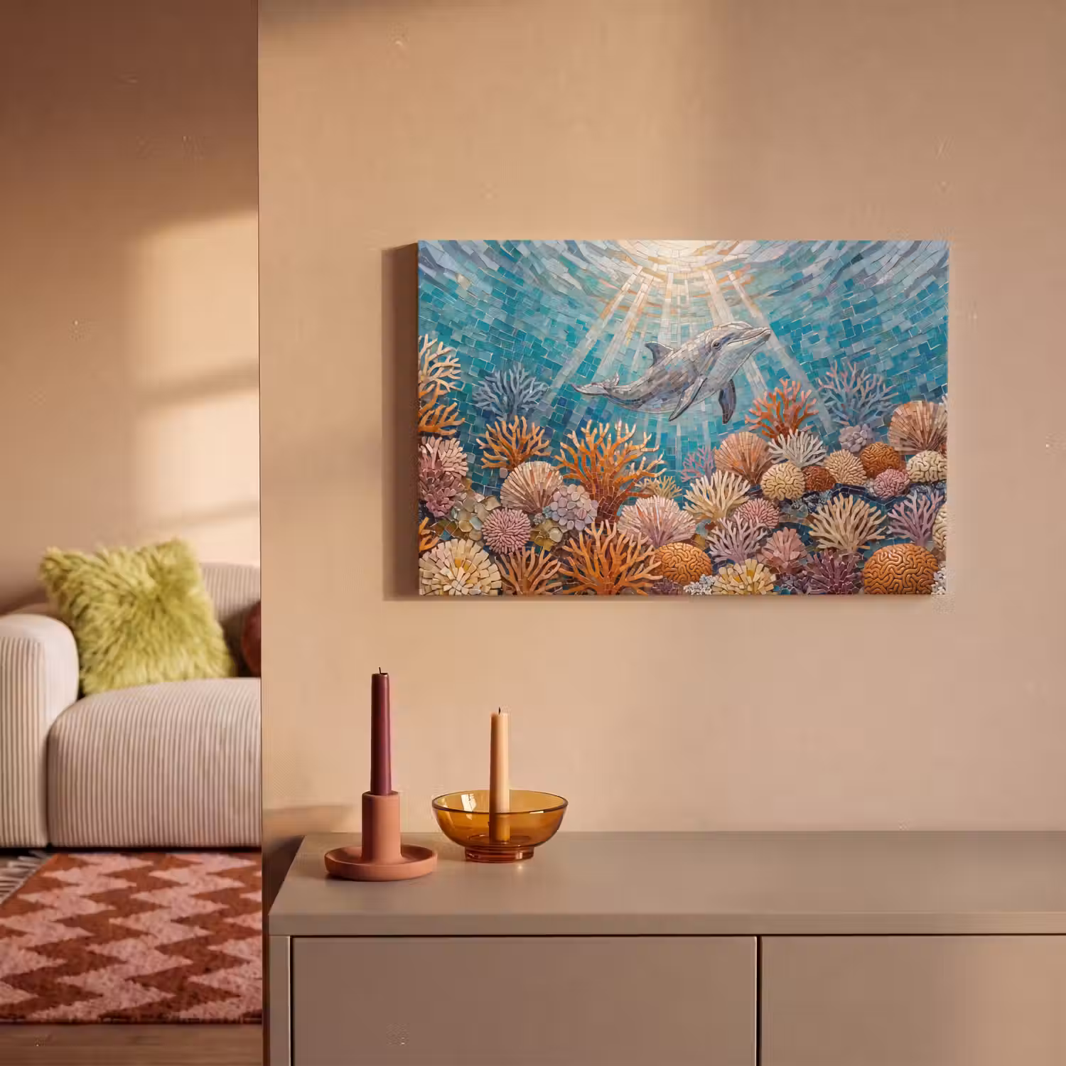 Dieren - Mozaïek - Oceaan - Koraal - Blauw canvas 2cm klein -sfeer1