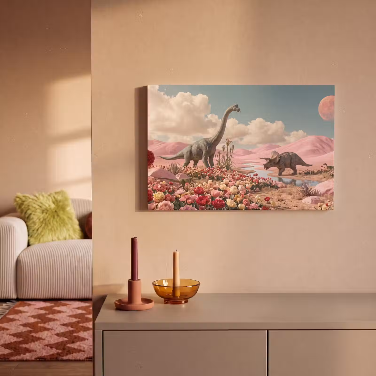 Canvas schilderij - Dinosaurus - Roze - Landschap - Dinosaurus - Roze - Landschap canvas 2cm klein
