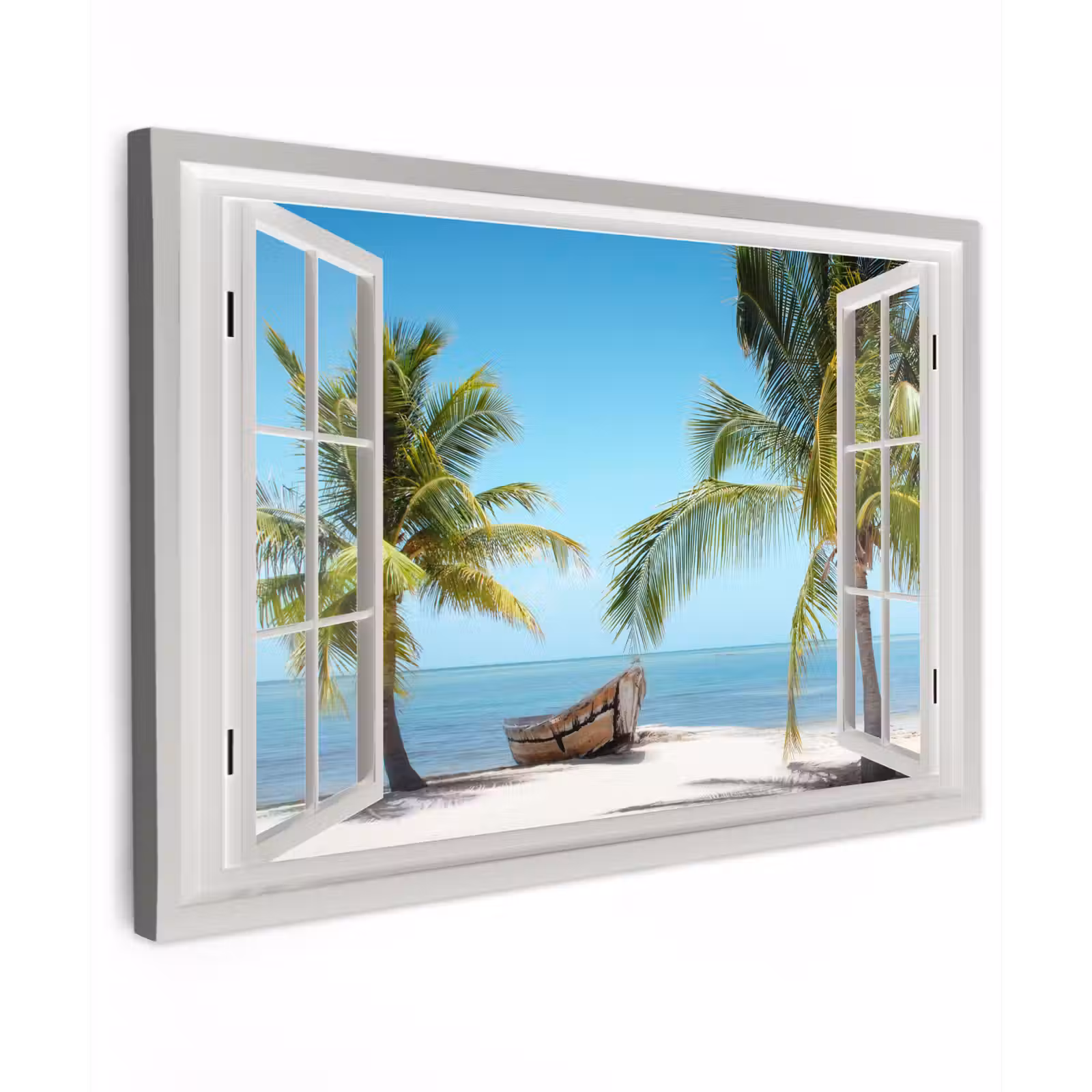 Doorkijk - Strand - Palmboom - Boot - Tropisch - Zee - Blauw canvas 2cm klein -z3d