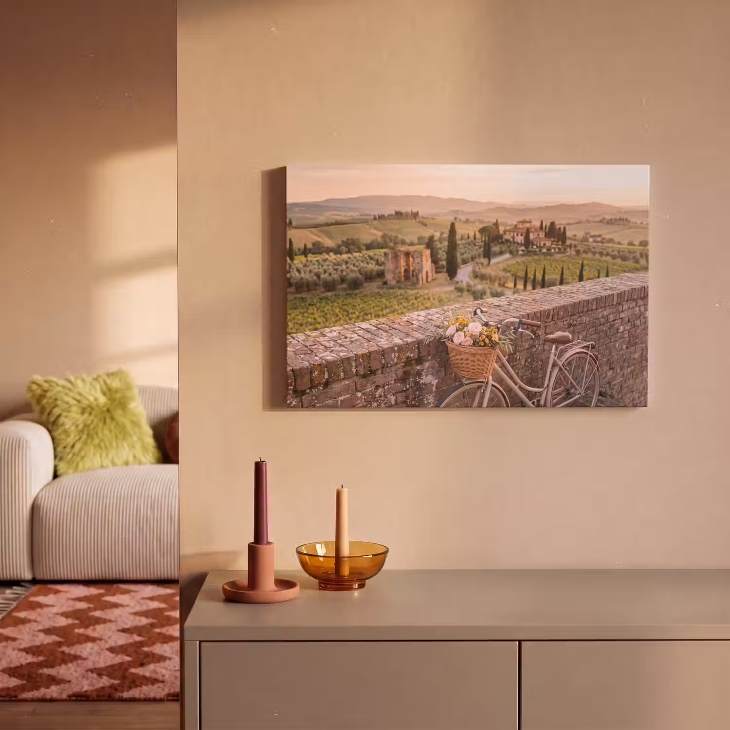 Fiets - Bloemen - Toscane - Landschap - Roze canvas 2cm klein -sfeer1