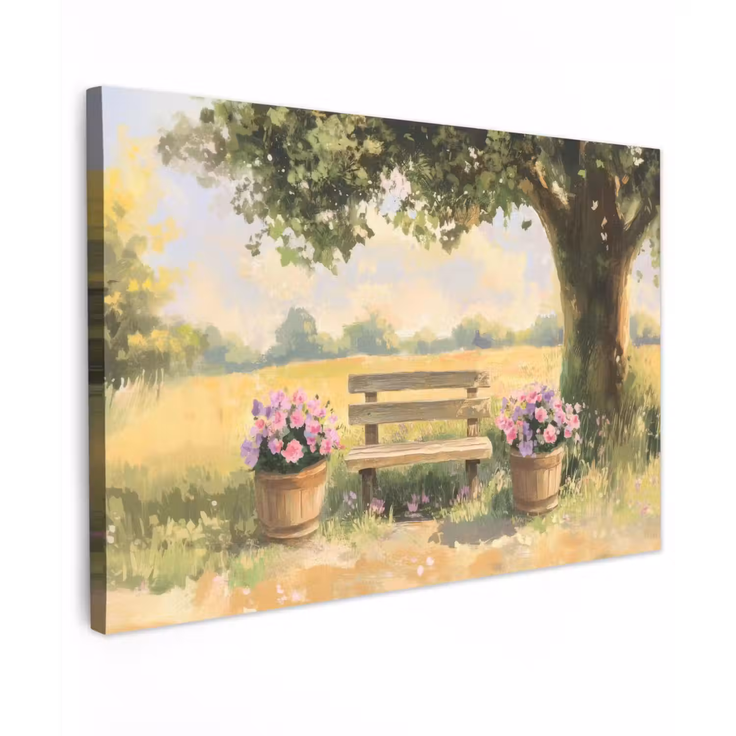 Houten bankje - Bloempotten - Landschap canvas 2cm klein -z3d