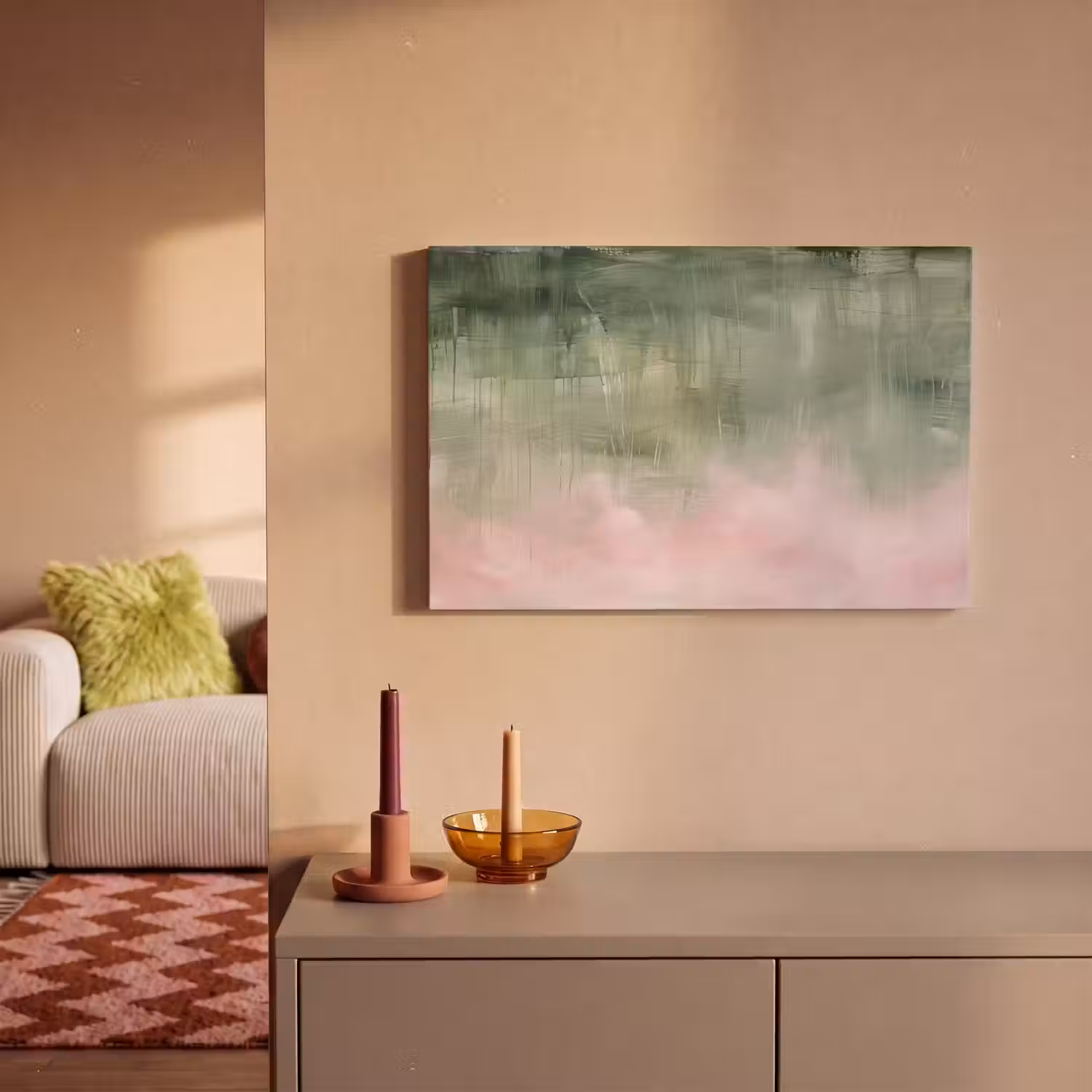 Kunst - Abstract - Modern - Groen - Roze canvas 2cm klein -sfeer1