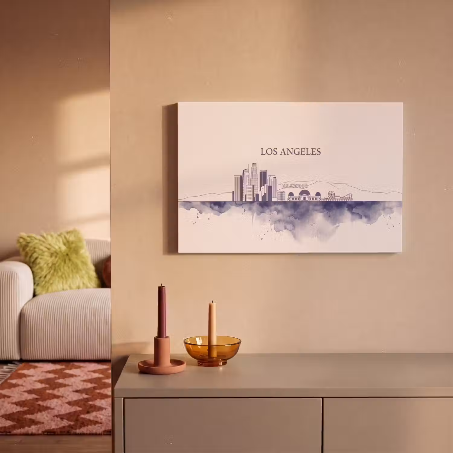 Los Angeles - Skyline - Architectuur - Aquarel - Blauw canvas 2cm klein -sfeer1