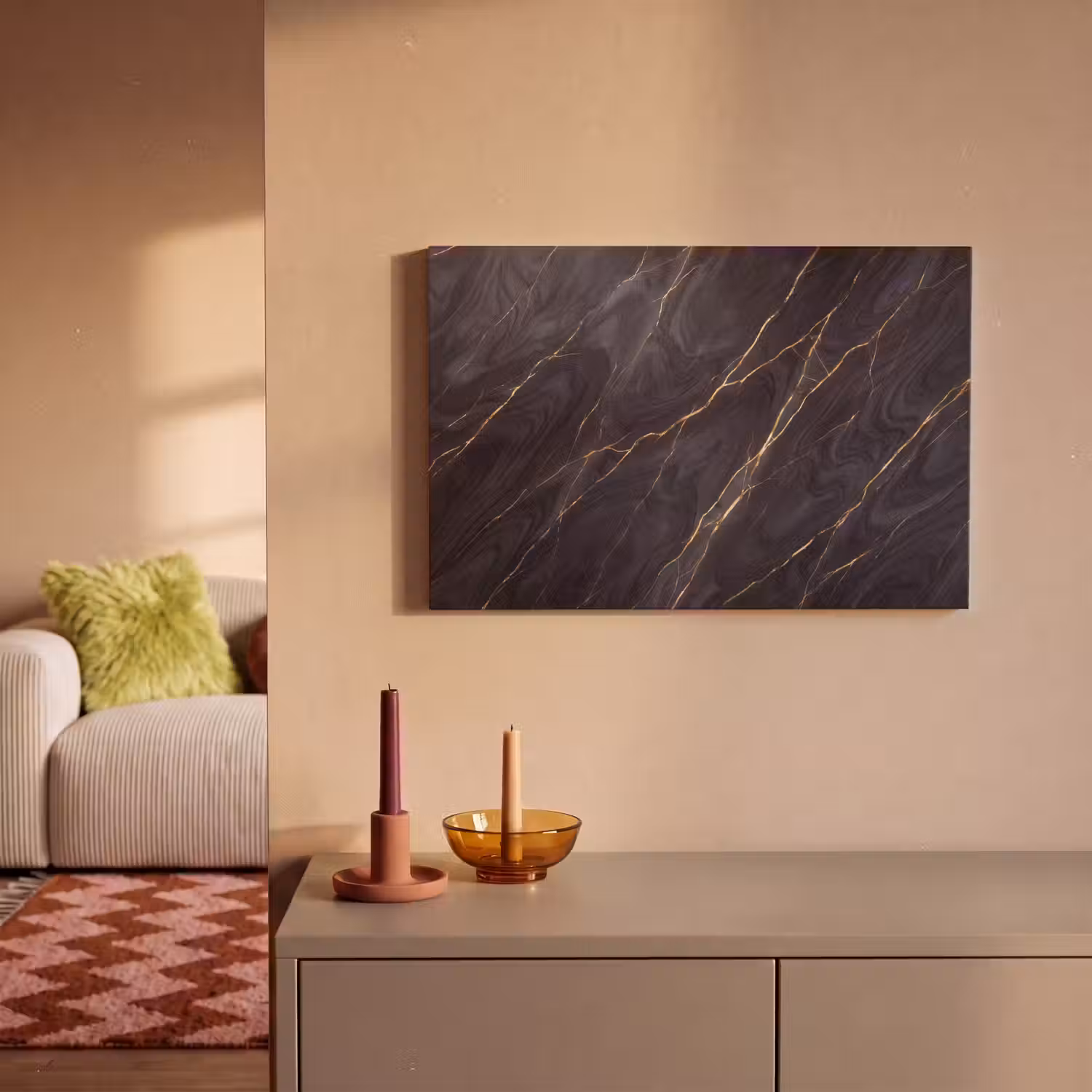 Marmer - Goudaders - Abstract - Modern - Zwart canvas 2cm klein -sfeer1