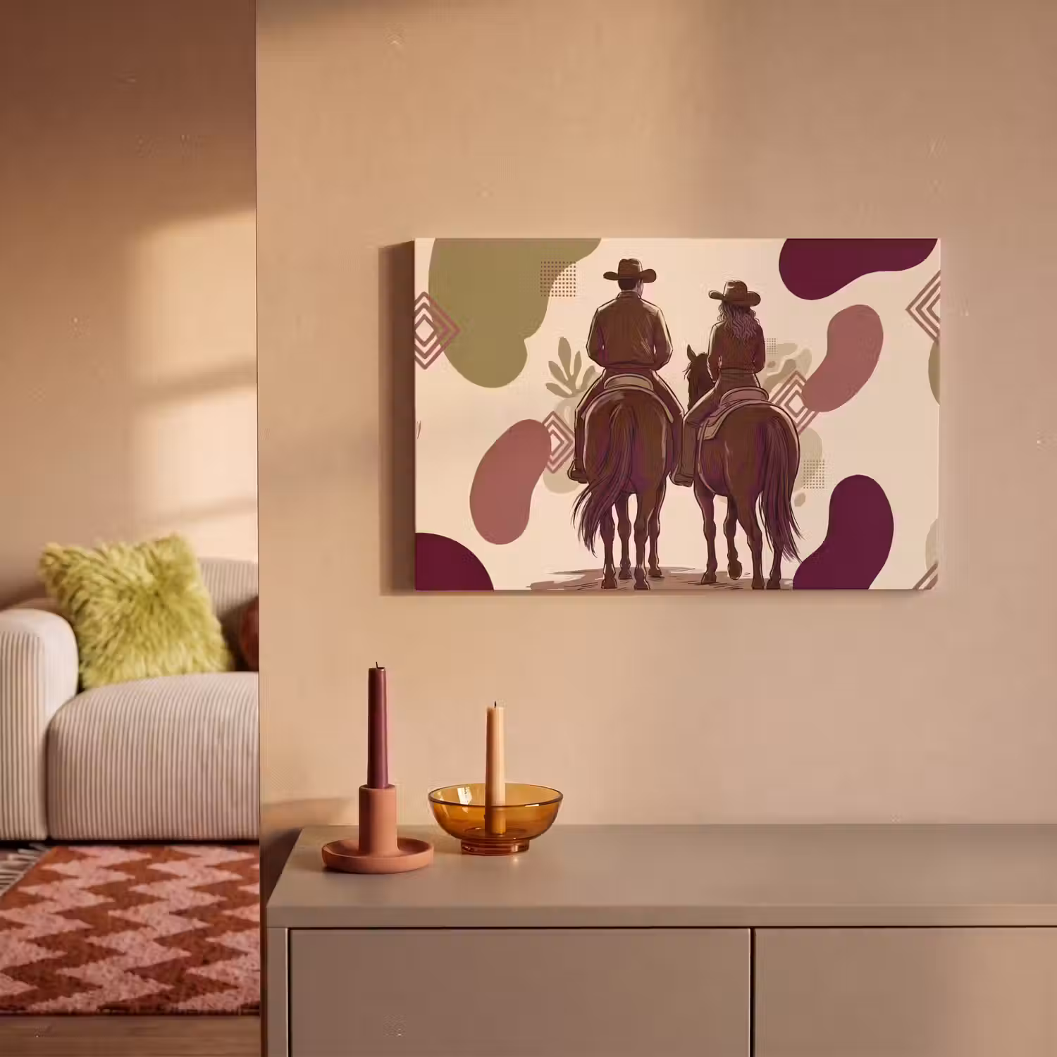 Mensen - Ruiters - Western - Illustratie - Bruin canvas 2cm klein -sfeer1