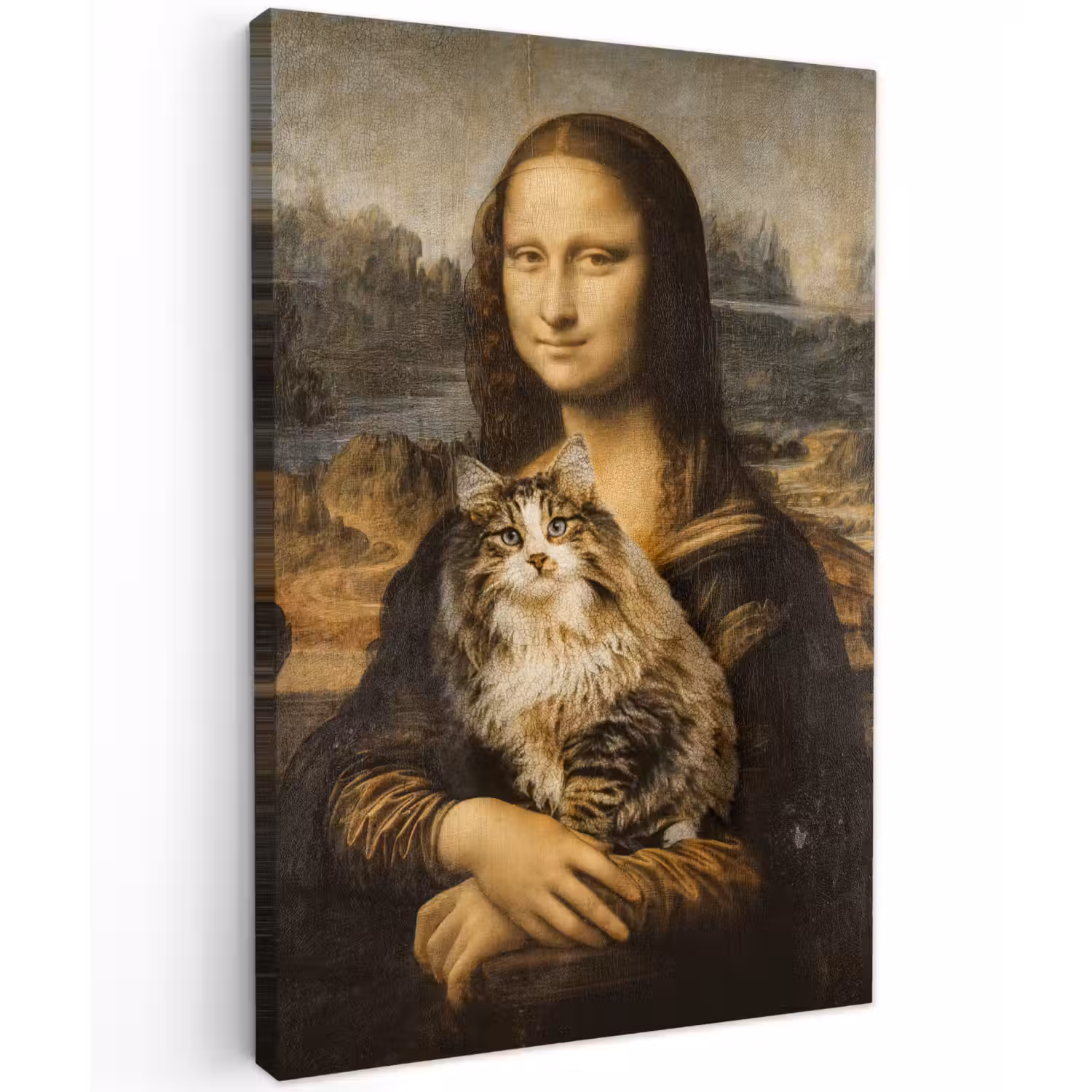 Mona Lisa - Kat - Leonardo da Vinci - Vintage - Kunstwerk - Oude meesters - Schilderij canvas 2cm klein -z3d