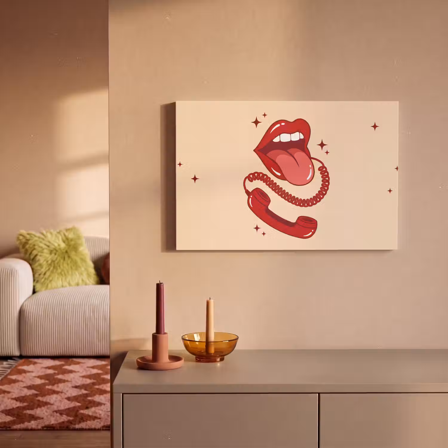 Mond - Telefoon - Popart - Rood - Illustratie canvas 2cm klein -sfeer1