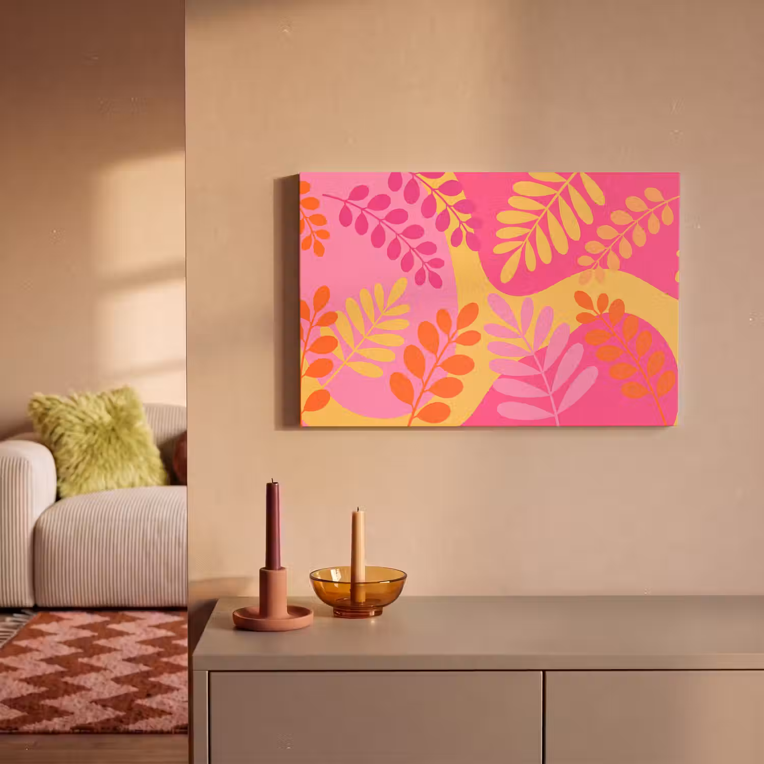 Natuur - Bladeren - Abstract - Roze - Geel canvas 2cm klein -sfeer1