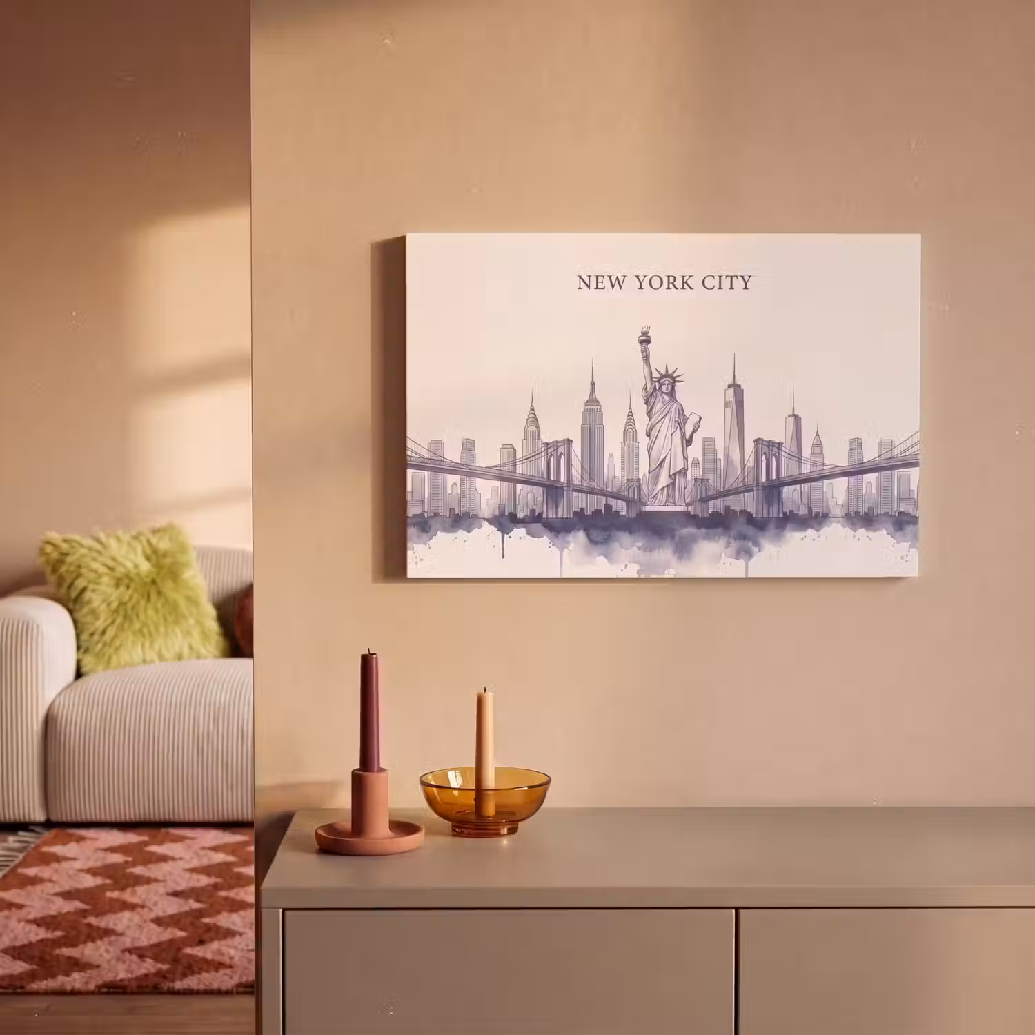 New York - Vrijheidsbeeld - Skyline - Illustratie - Blauw canvas 2cm klein -sfeer1