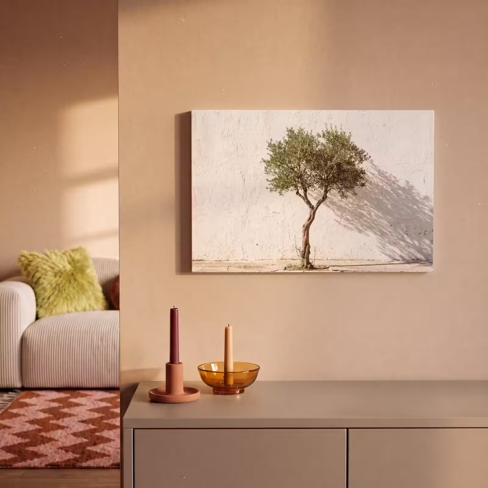 Canvas schilderij - Olijfboom - muur - wit - Olijfboom - muur - wit canvas 2cm klein