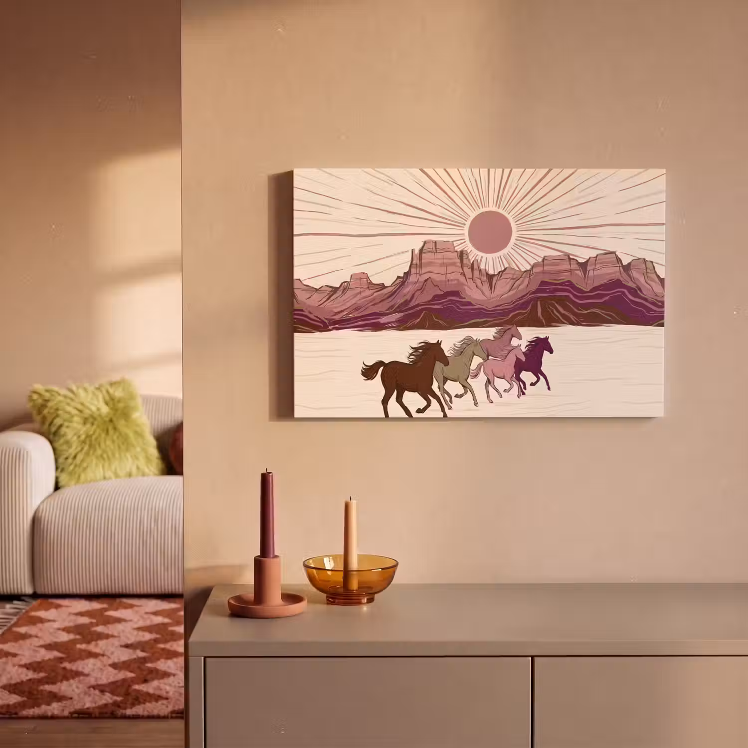Paarden - Rennend - Woestijn - Natuur - Abstract canvas 2cm klein -sfeer1