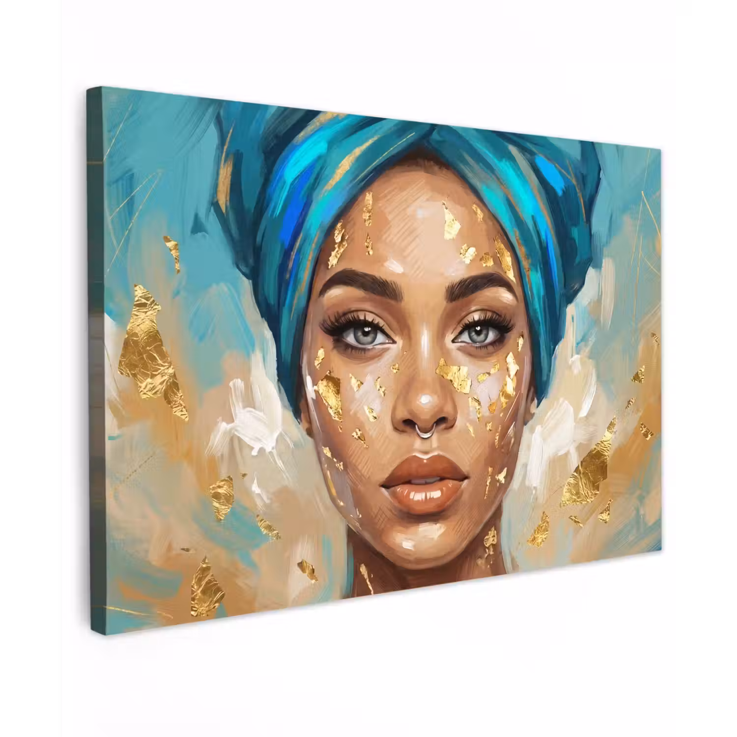 Portret - Vrouw - Schilderij - Blauw - Goud - Expressief canvas 2cm klein -z3d
