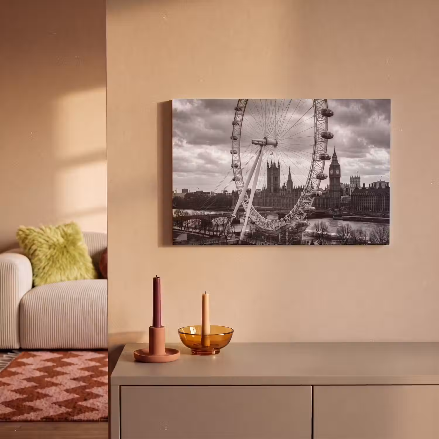 Reuzenrad - Klokkentoren - Architectuur - Zwart-wit - Stad canvas 2cm klein -sfeer1