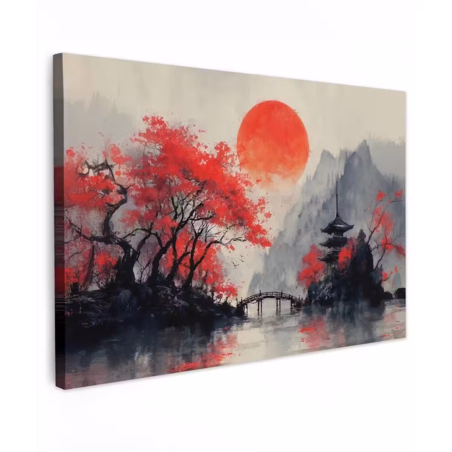Rode zon - Rivier - brug - Bomen canvas 2cm klein -z3d