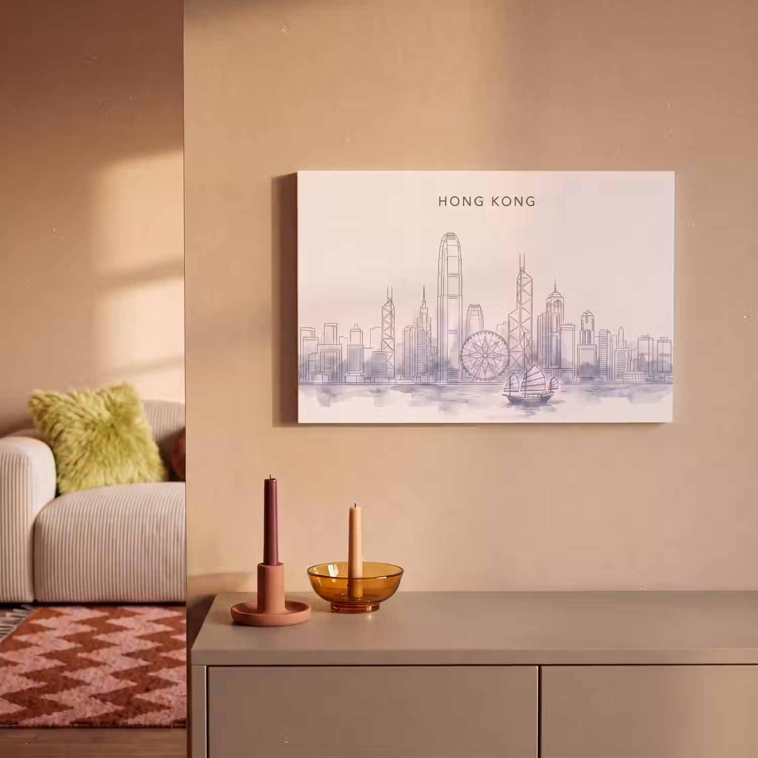 Stad - Skyline - Water - Lijntekening - Blauw canvas 2cm klein -sfeer1