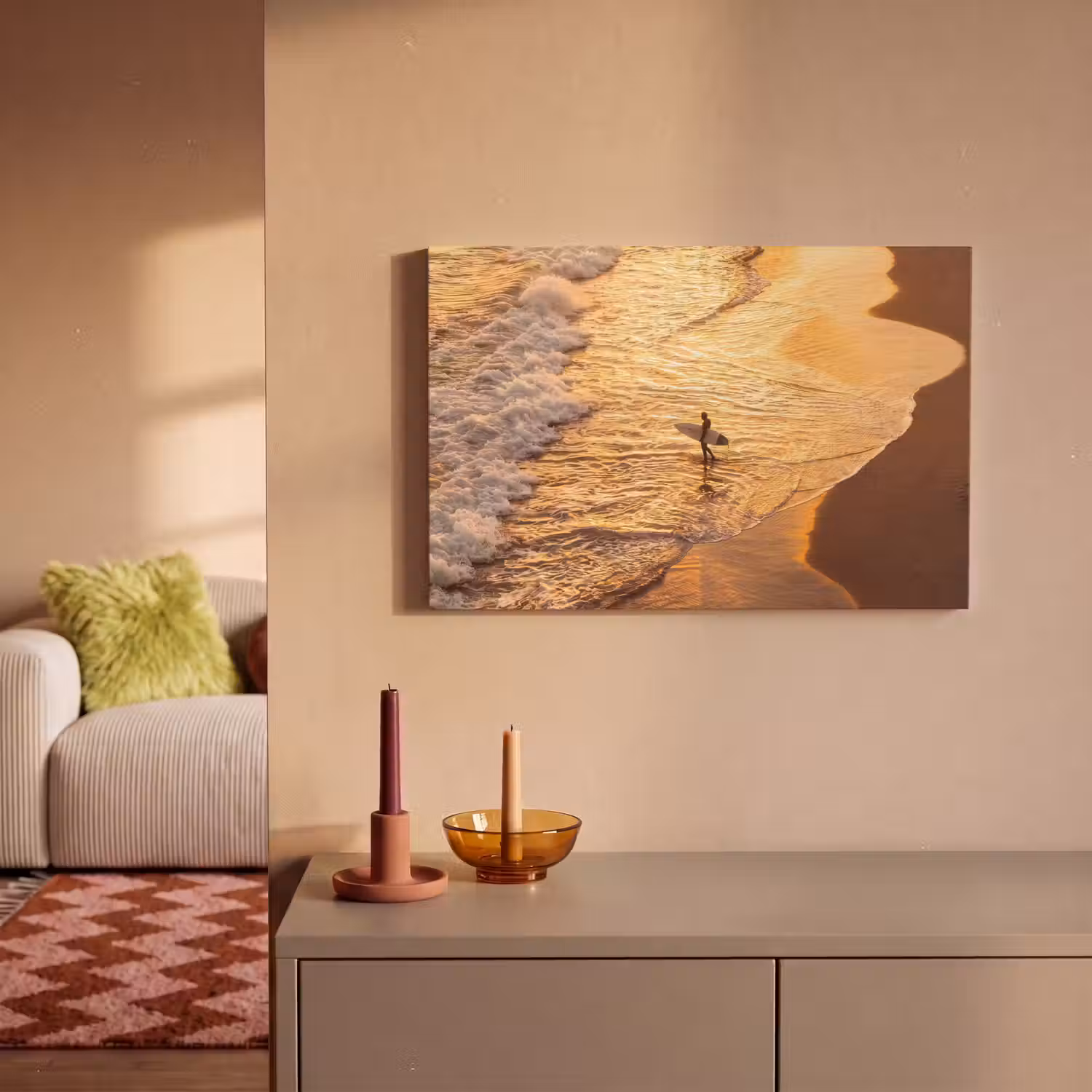 Surfer - Strand - Zonsondergang - Oceaan - Goud canvas 2cm klein -sfeer1