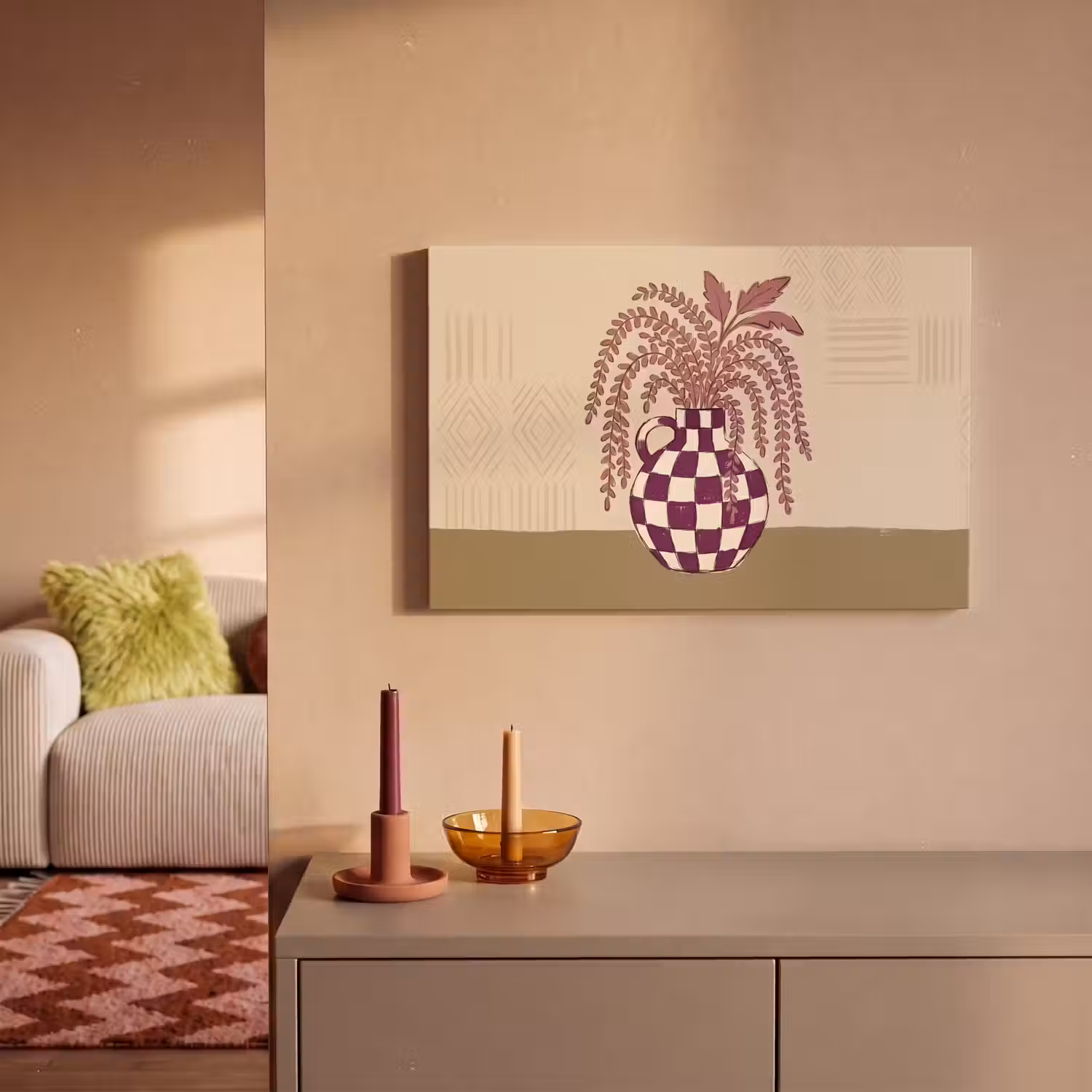 Vaas - Geruit - Planten - Modern - Paars canvas 2cm klein -sfeer1