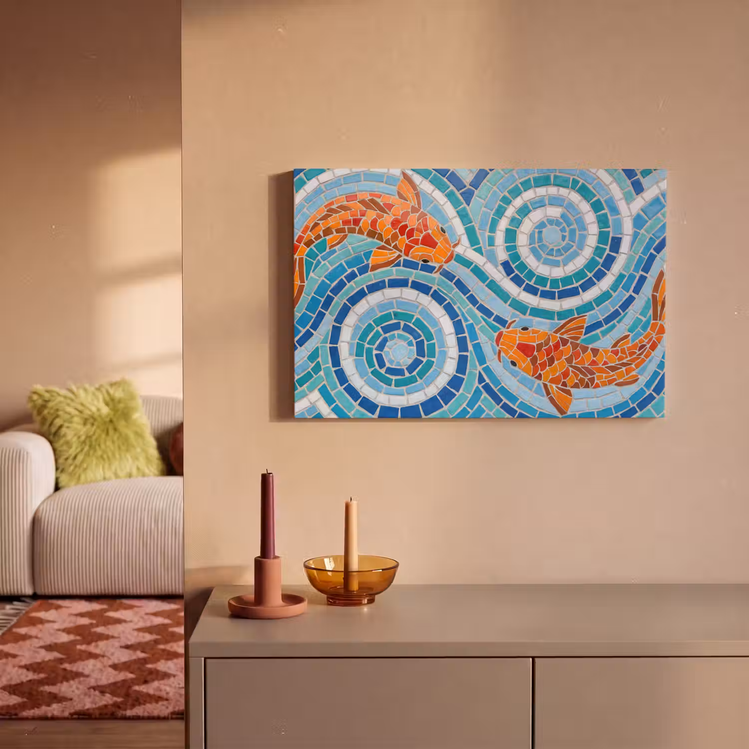 Vis - Mozaïek - Water - Decoratief - Blauw canvas 2cm klein -sfeer1