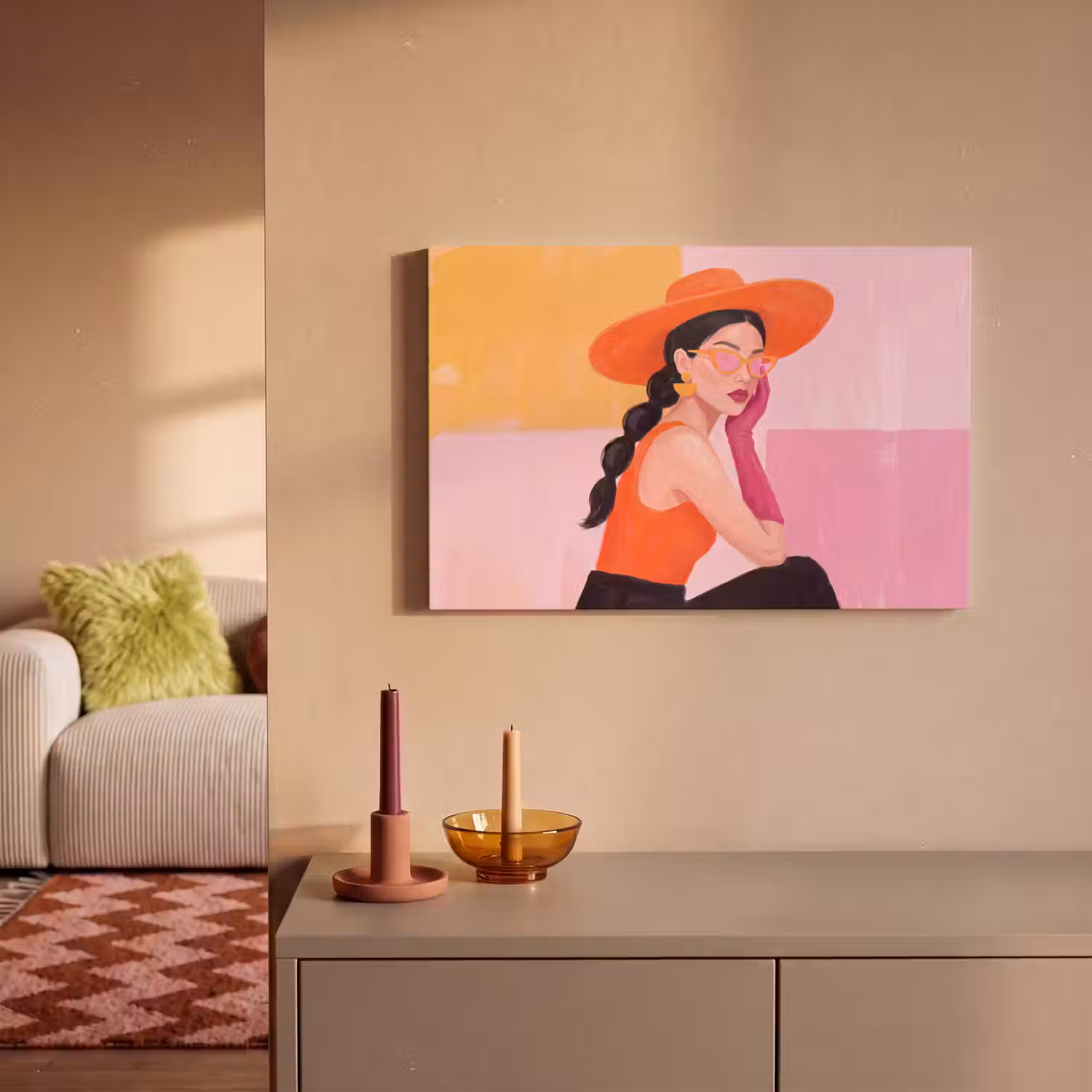 Vrouw - Hoed - Mode - Modern - Oranje canvas 2cm klein -sfeer1