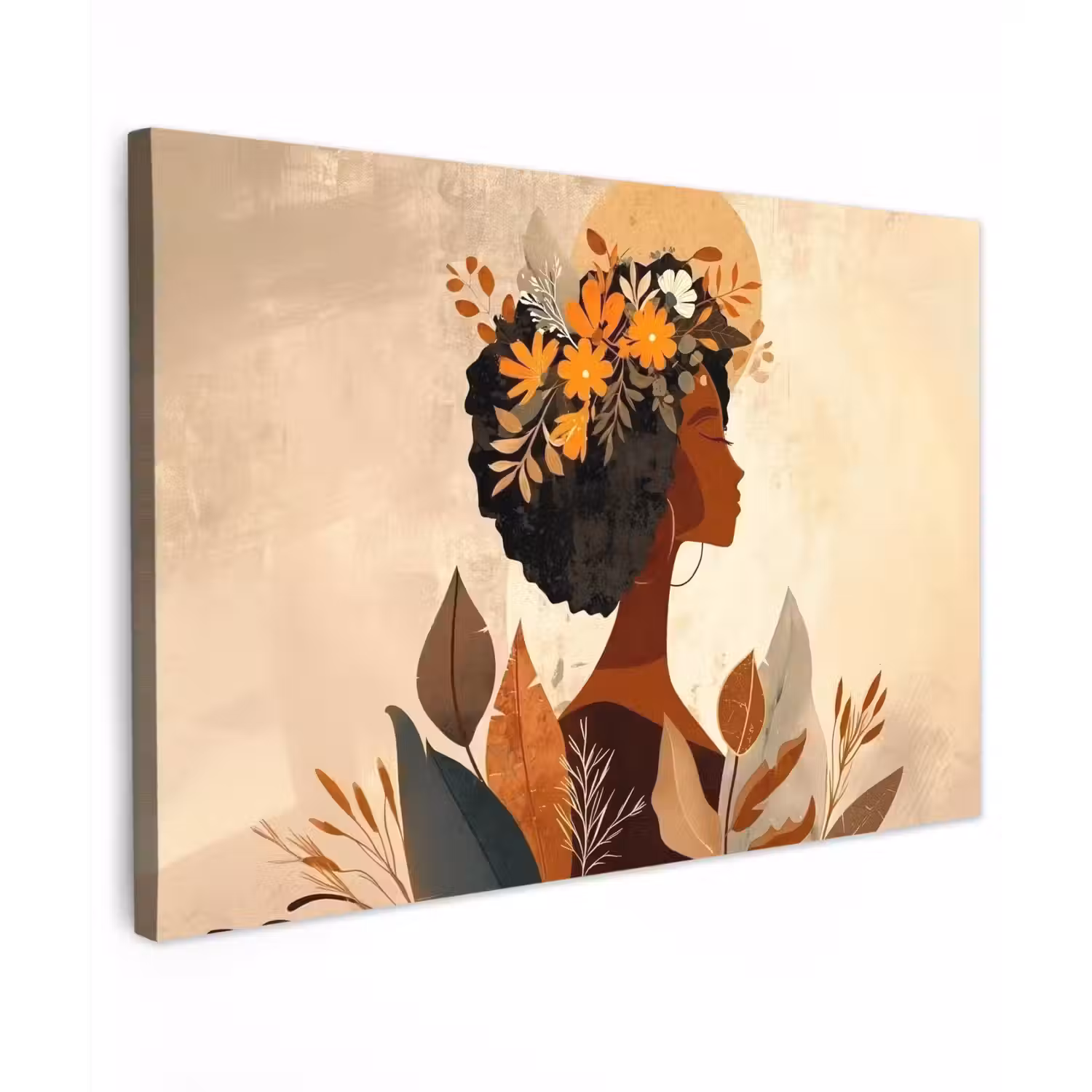 Vrouw - Krullen - Bloemen - Beige canvas 2cm klein -z3d
