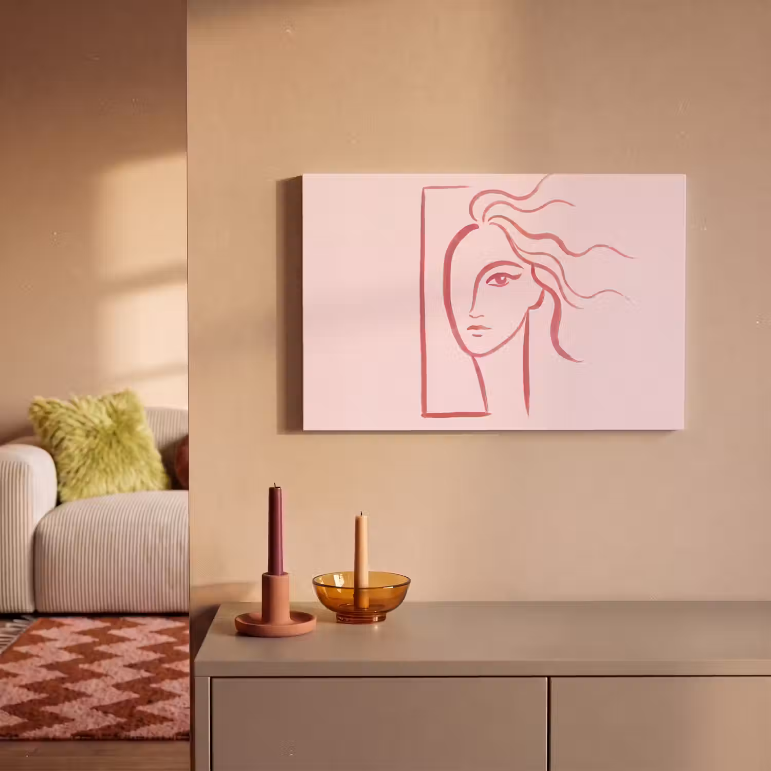 Vrouw - Portret - Abstract - Lijnkunst - Rood canvas 2cm klein -sfeer1