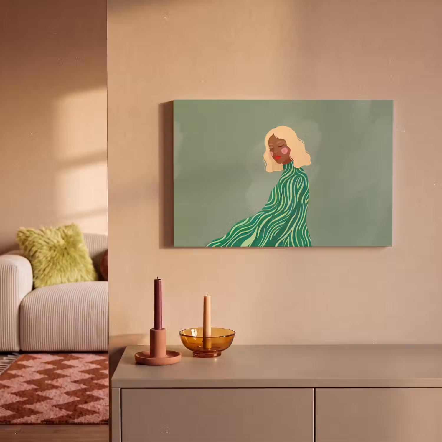 Vrouw - Portret - Illustratie - Modern - Groen canvas 2cm klein -sfeer1