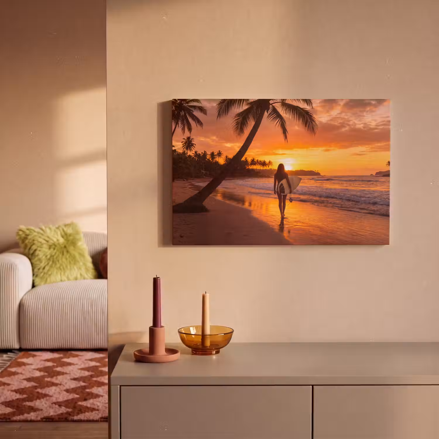 Vrouw - Surfplank - Strand - Zonsondergang - Oranje canvas 2cm klein -sfeer1