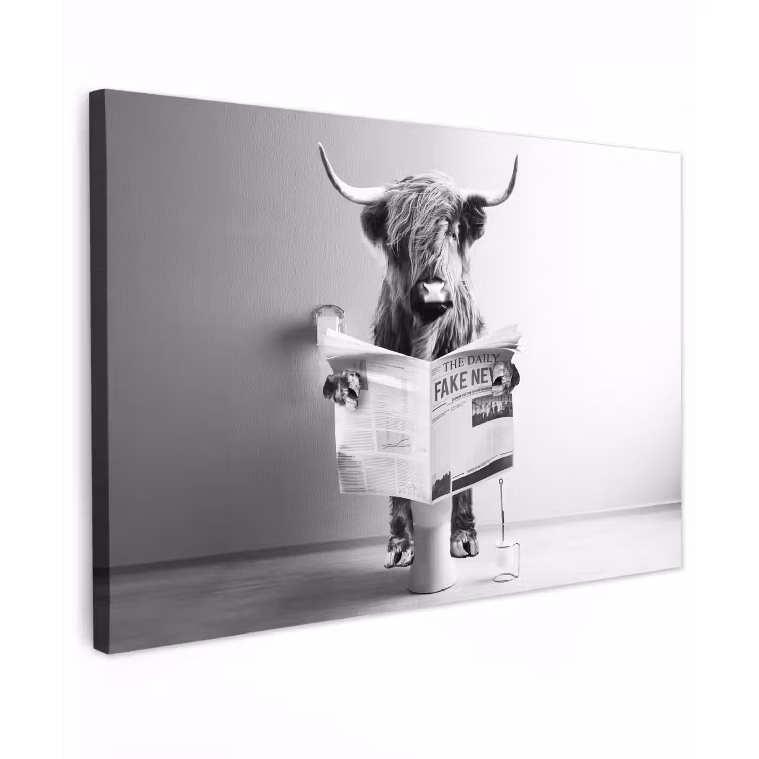 WC - Toilet - Krant - Schotse Hooglander - Zwart Wit canvas 2cm klein -z3d
