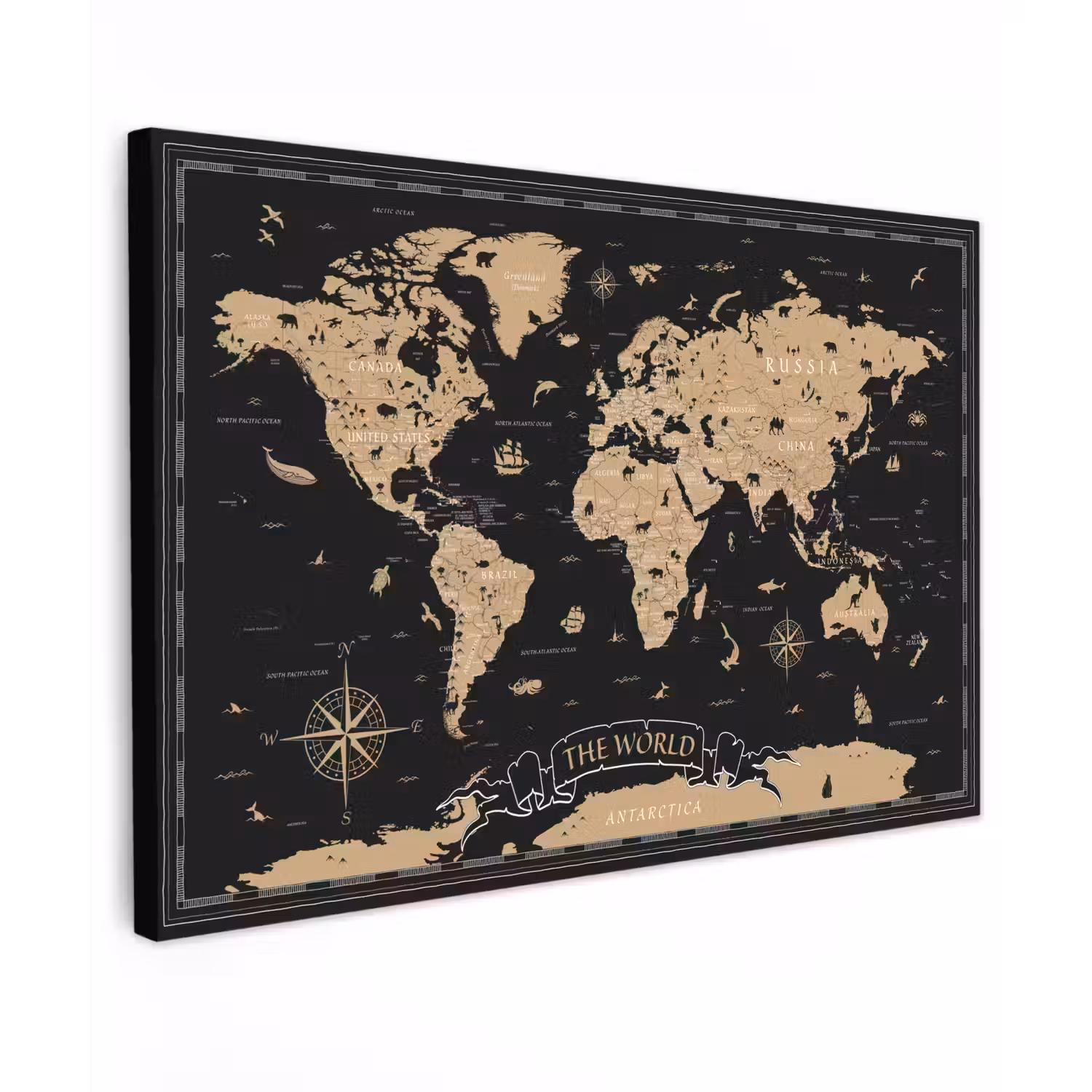 Wereldkaart - Beige - Zwart canvas 2cm klein -z3d