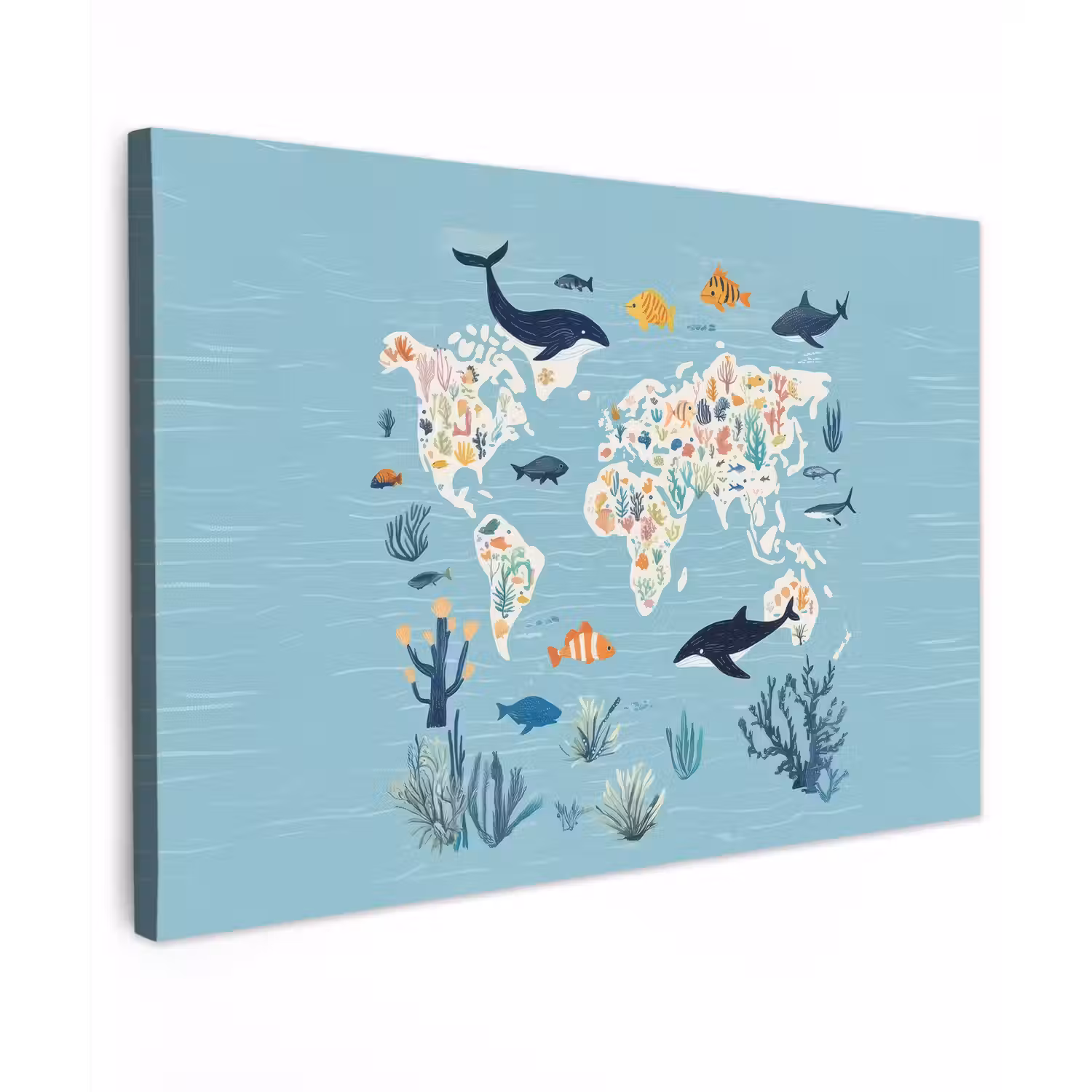 Wereldkaart - Zeeleven - Blauw canvas 2cm klein -z3d