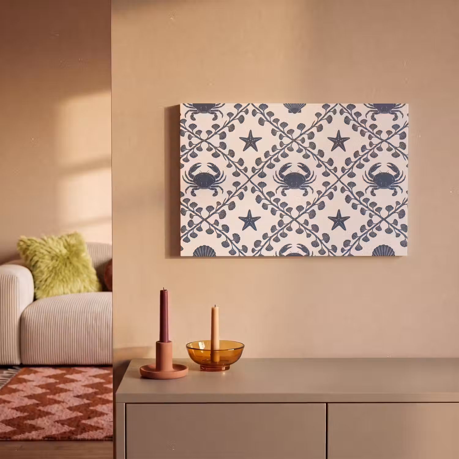 Zee - Krab - Zeester - Patroon - Blauw canvas 2cm klein -sfeer1