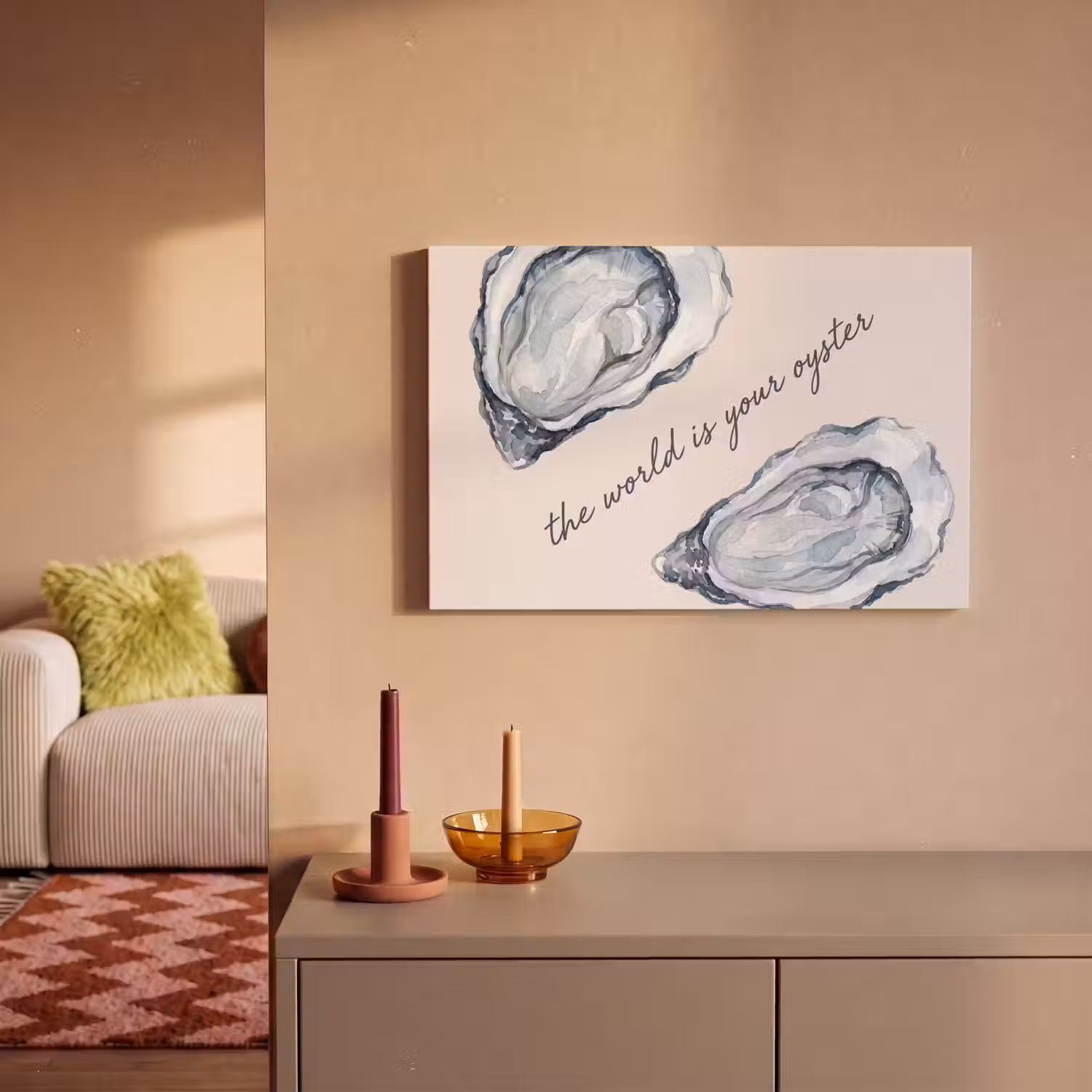 Zeeleven - Oester - Aquarel - Minimalistisch - Blauw canvas 2cm klein -sfeer1