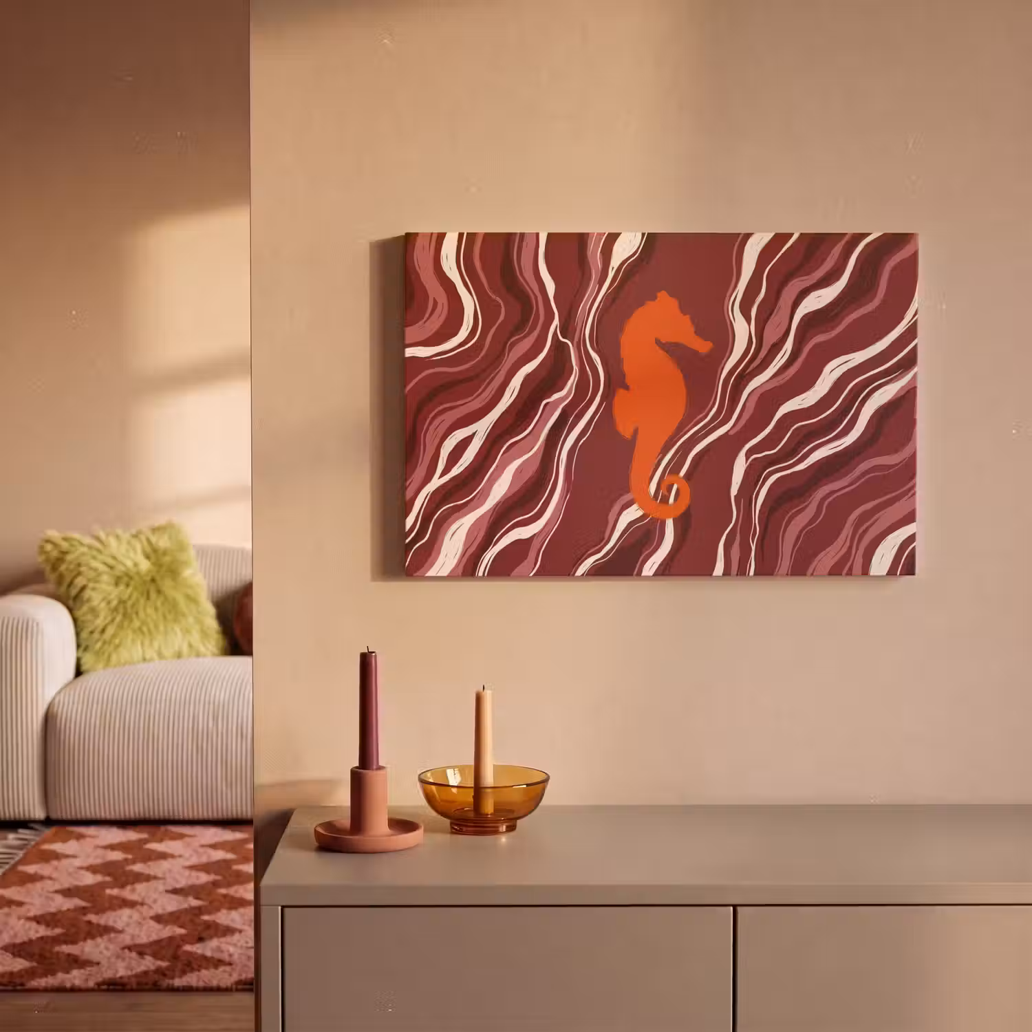 Zeepaardje - Golven - Zeeleven - Abstract - Oranje canvas 2cm klein -sfeer1